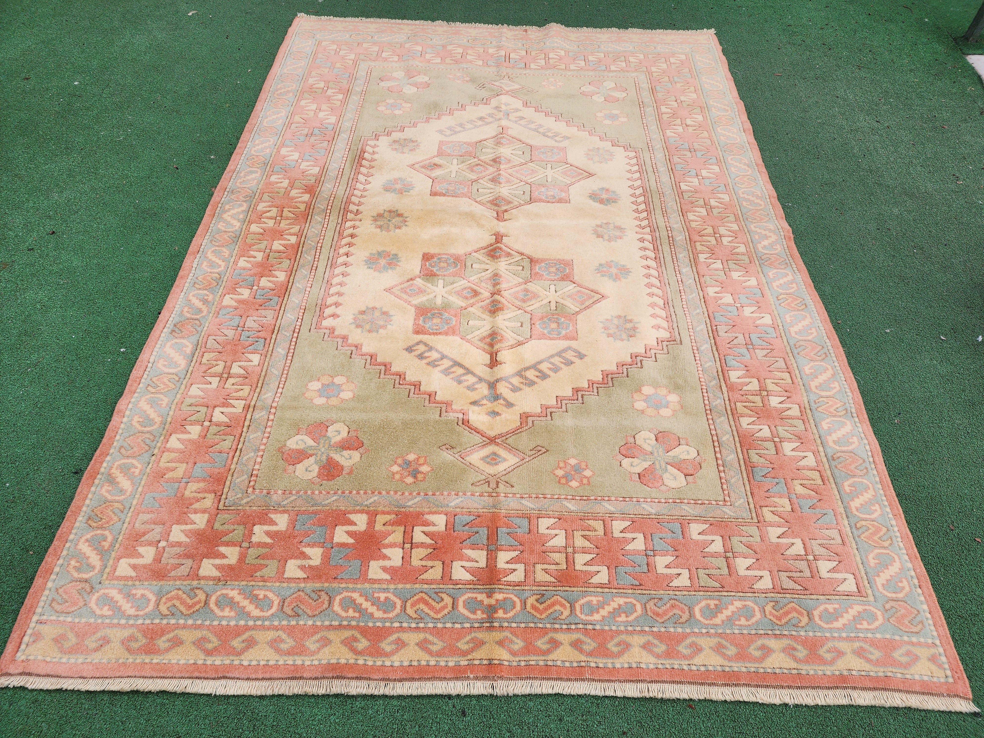 Pink and Green Turkish Rug 7 x 5 ft Vintage Muted Pastel Turkish Rug