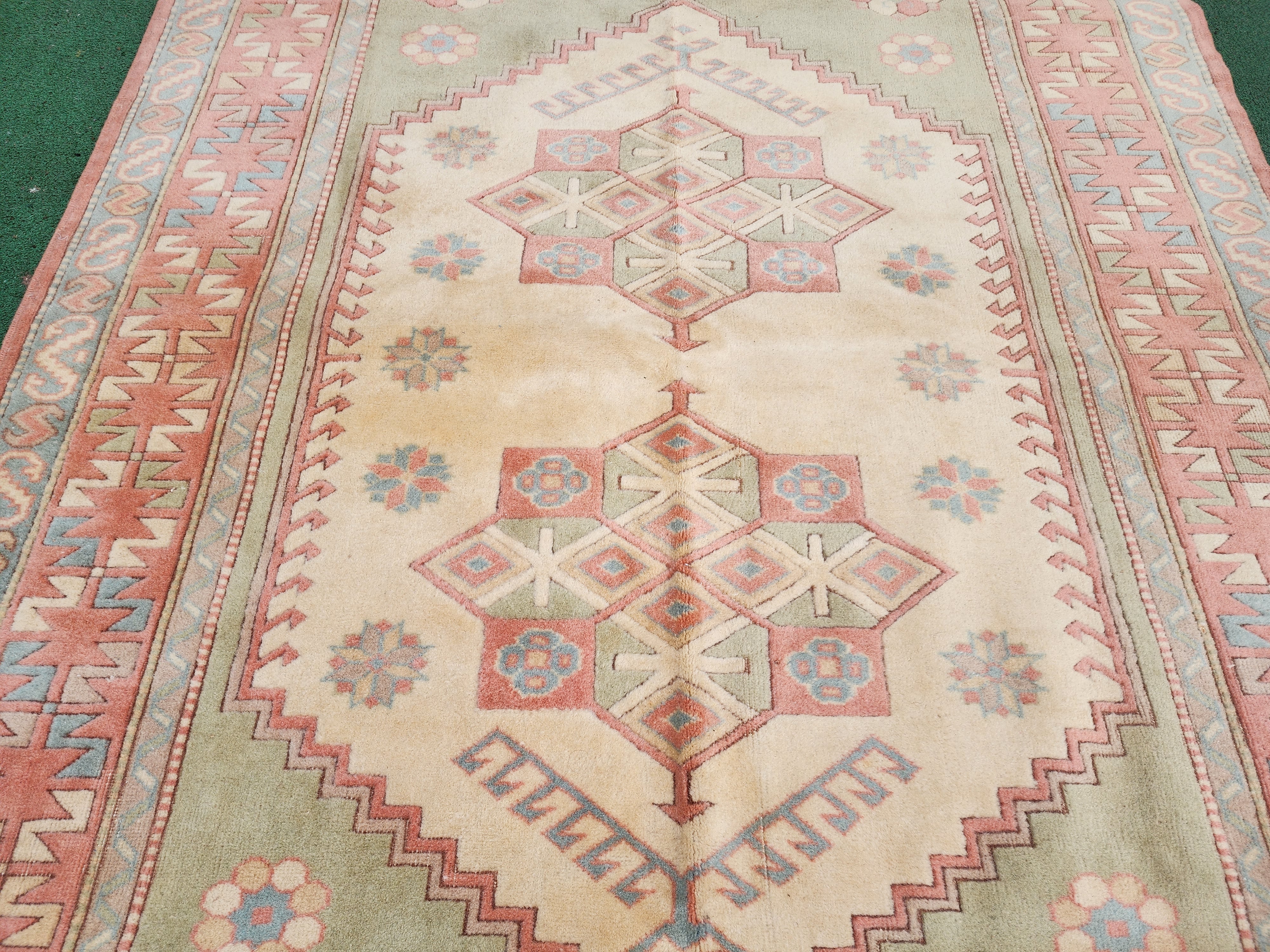 Pink and Green Turkish Rug 7 x 5 ft Vintage Muted Pastel Turkish Rug