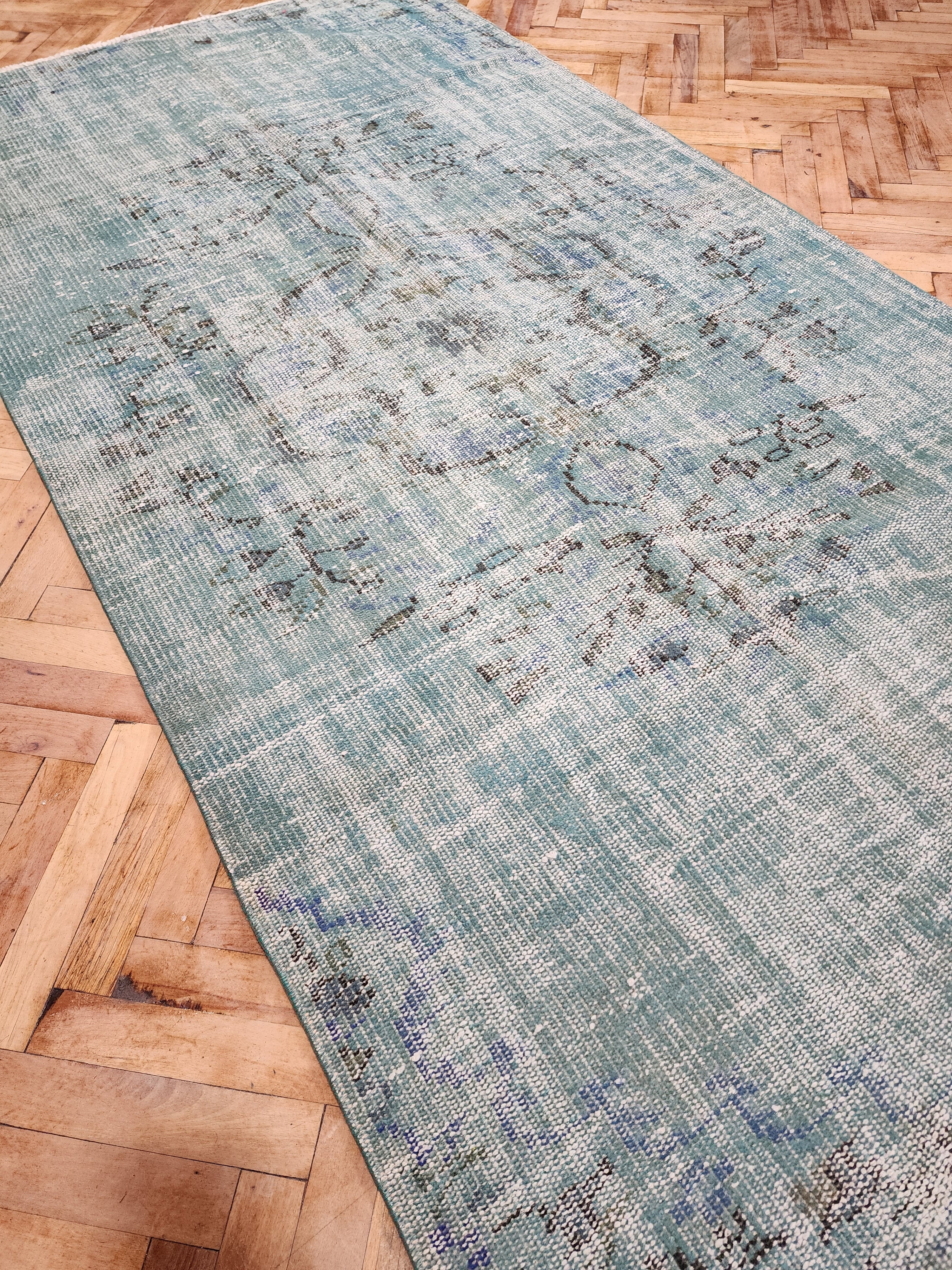 Overdyed Vintage Rug, Pale Turquoise Blue Recycled Rug, Handmade Wool Bohemian Oriental Design Distressed Rug, Persian Area Rug, 7'6"x3'9"