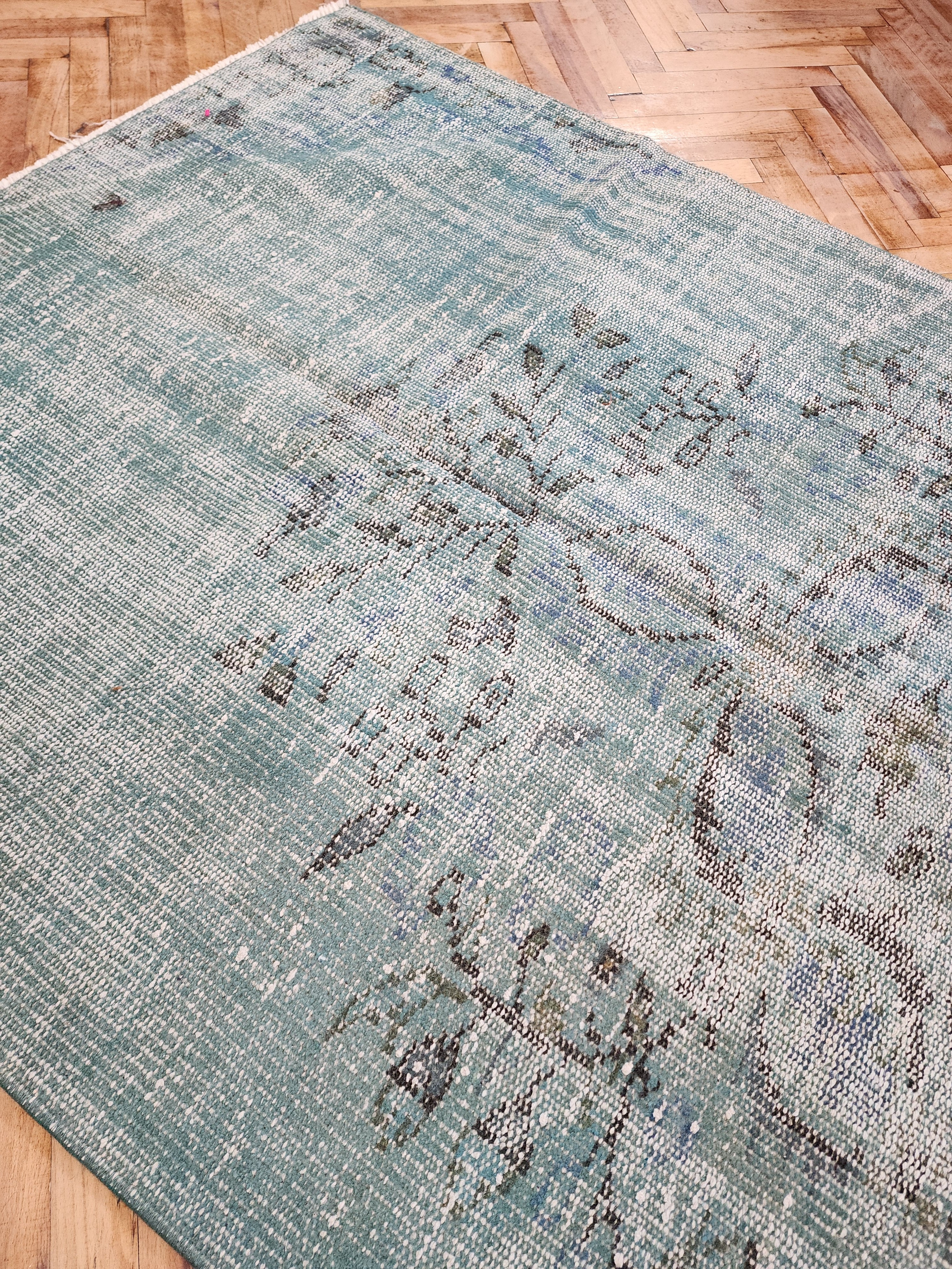 Overdyed Vintage Rug, Pale Turquoise Blue Recycled Rug, Handmade Wool Bohemian Oriental Design Distressed Rug, Persian Area Rug, 7'6"x3'9"