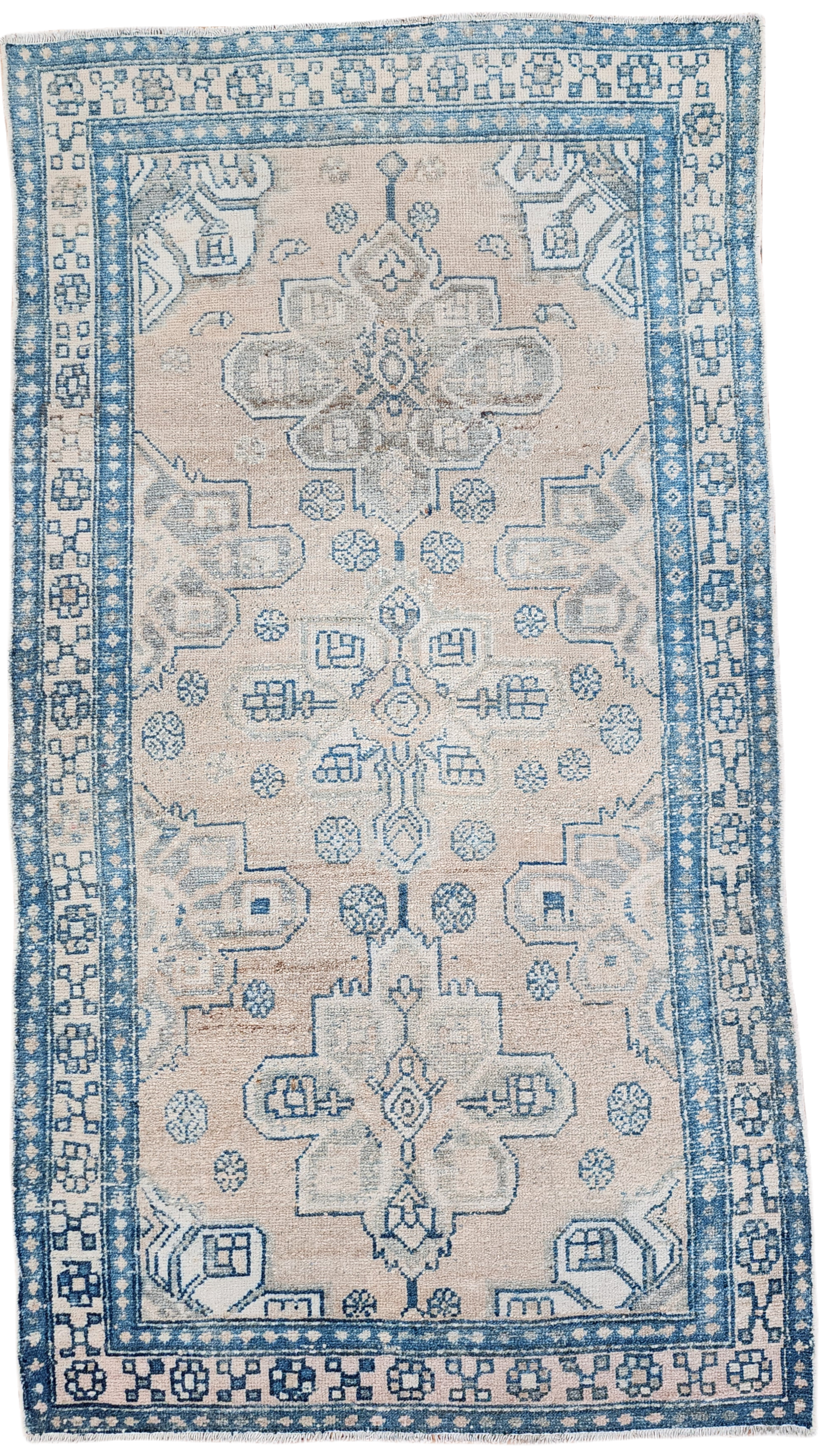 Persian Vintage Rug 5 x 3 ft Beige and Blue Natural Wool Vintage Turkish Rug for Boho Retro Living or Dining Room Decor, Persian Rug, Carpet