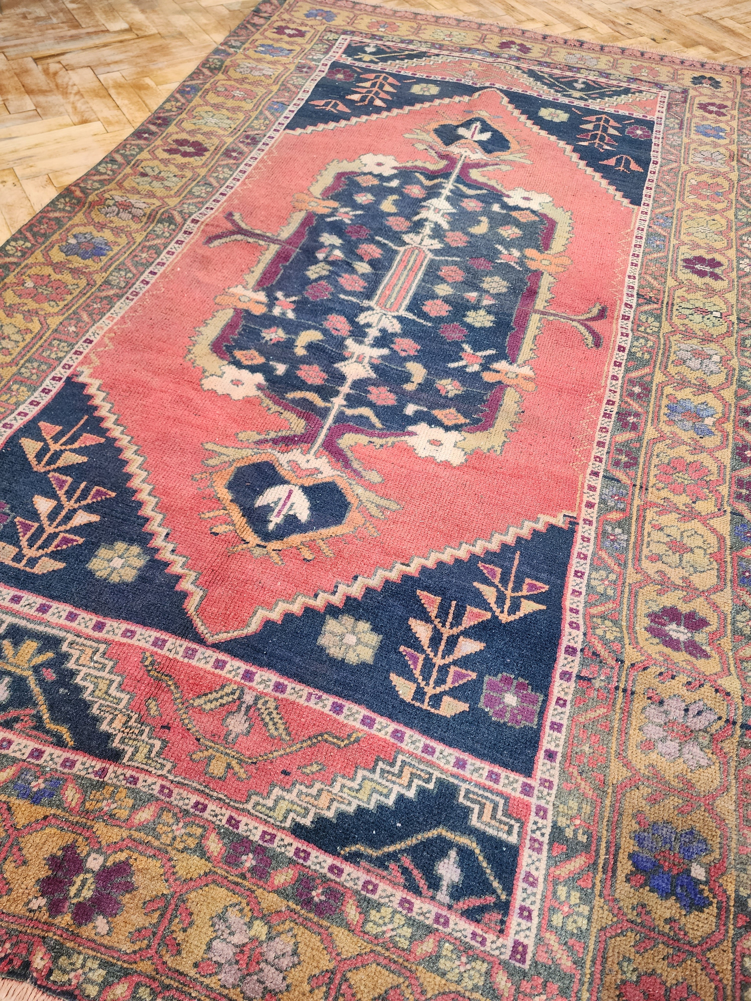 Turkish Oriental Rug, Red Blue Anatolian Tribal Medallion Carpet, 6'9'' x ''4''