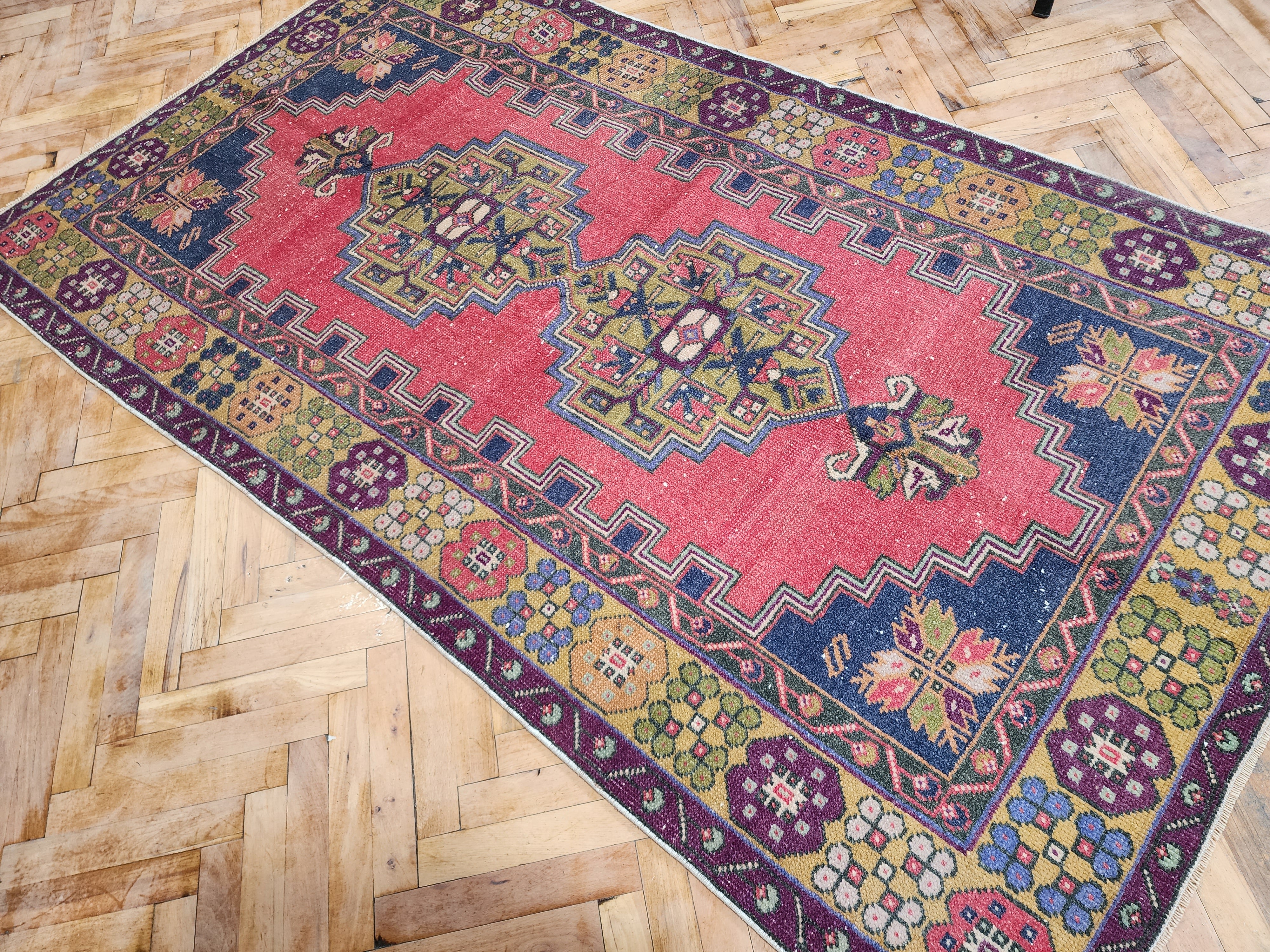 Turkish Oriental Rug 7 x 4 Red Blue Anatolian Tribal Medallion Carpet, Handmade Natural Wool Boho Rustic Taspinar Tribal Cappadocia Rug