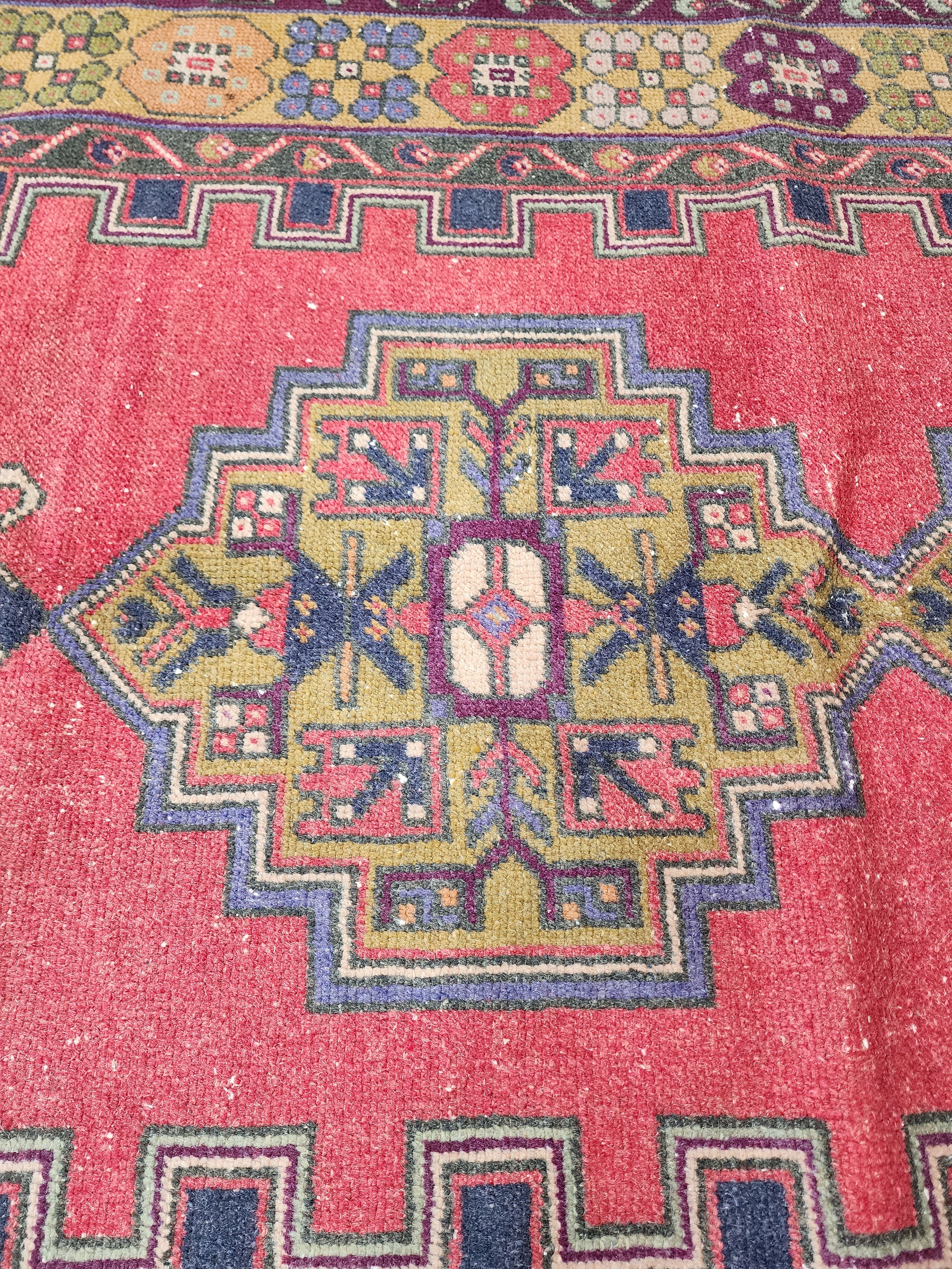 Turkish Oriental Rug 7 x 4 Red Blue Anatolian Tribal Medallion Carpet, Handmade Natural Wool Boho Rustic Taspinar Tribal Cappadocia Rug