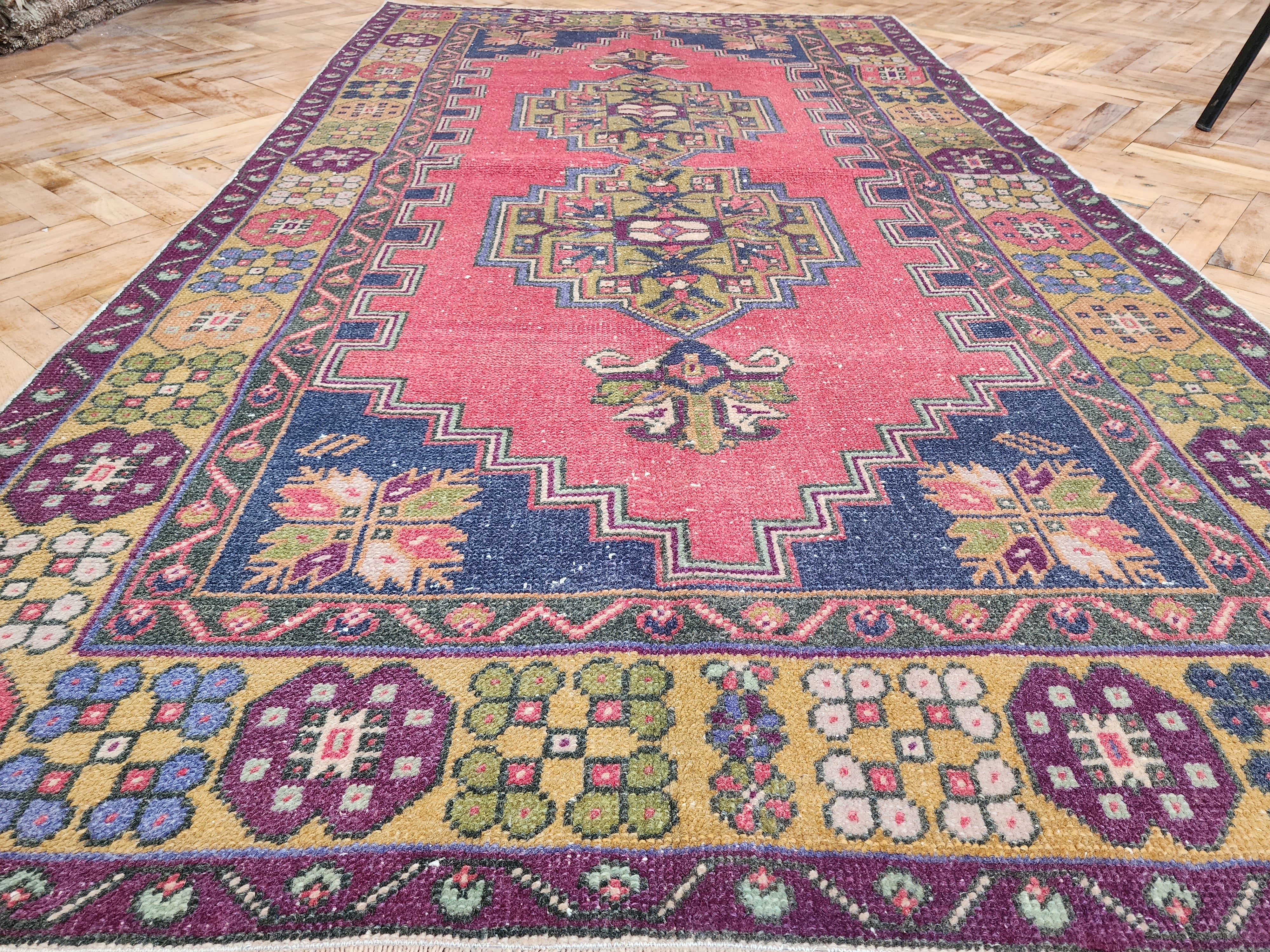 Turkish Oriental Rug 7 x 4 Red Blue Anatolian Tribal Medallion Carpet, Handmade Natural Wool Boho Rustic Taspinar Tribal Cappadocia Rug