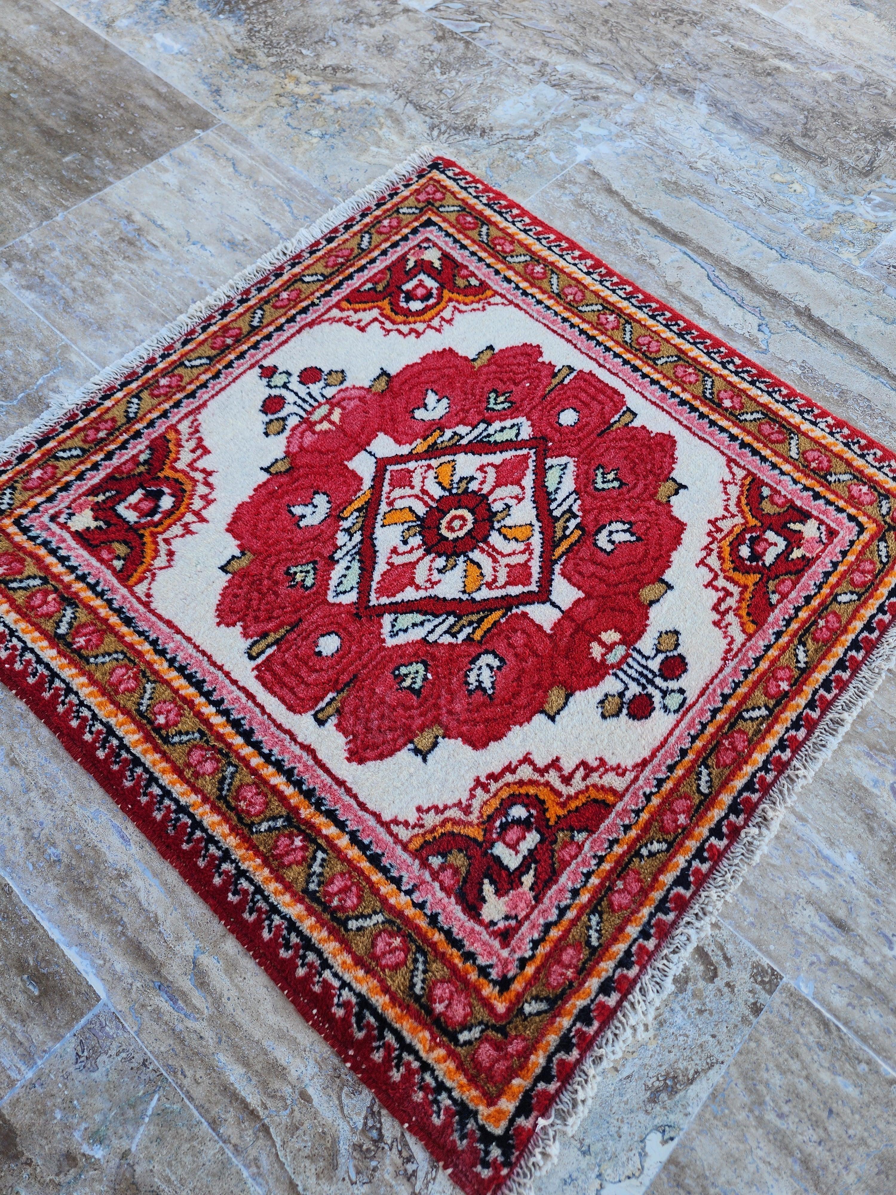 Handmade Oushak Rug, Small Vintage Area Rug, Colorful Turkish Rug, Authentic Tribal Decor, Bathroom Rug, 2 x 2'1''