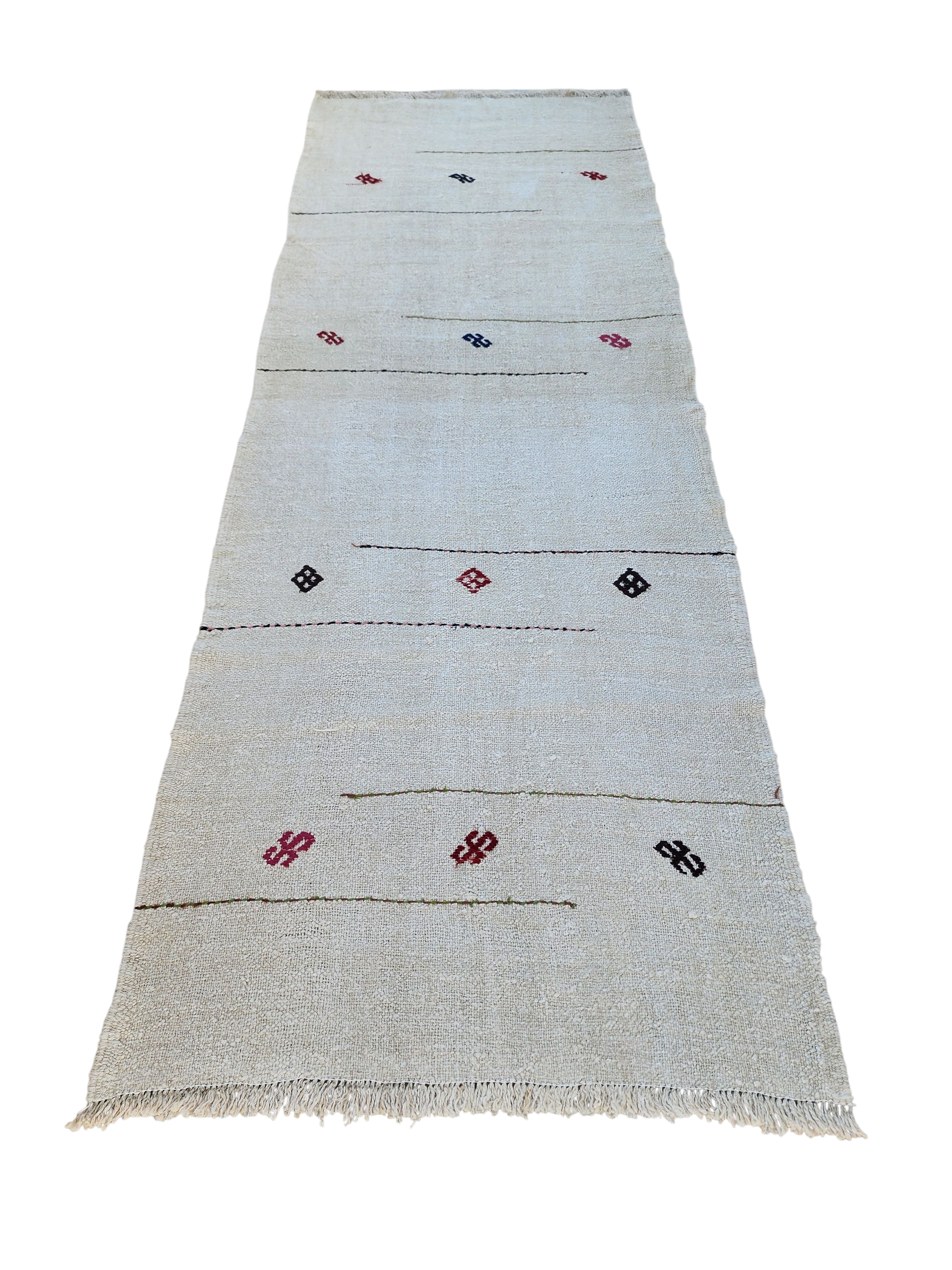 Anatolian Kilim Runner Rug 8'8''x3'2'' Minimalist 100% Natural Hemp Floor Covering, Moroccan Berber Style Handmade Wool Boho Rustic Rug