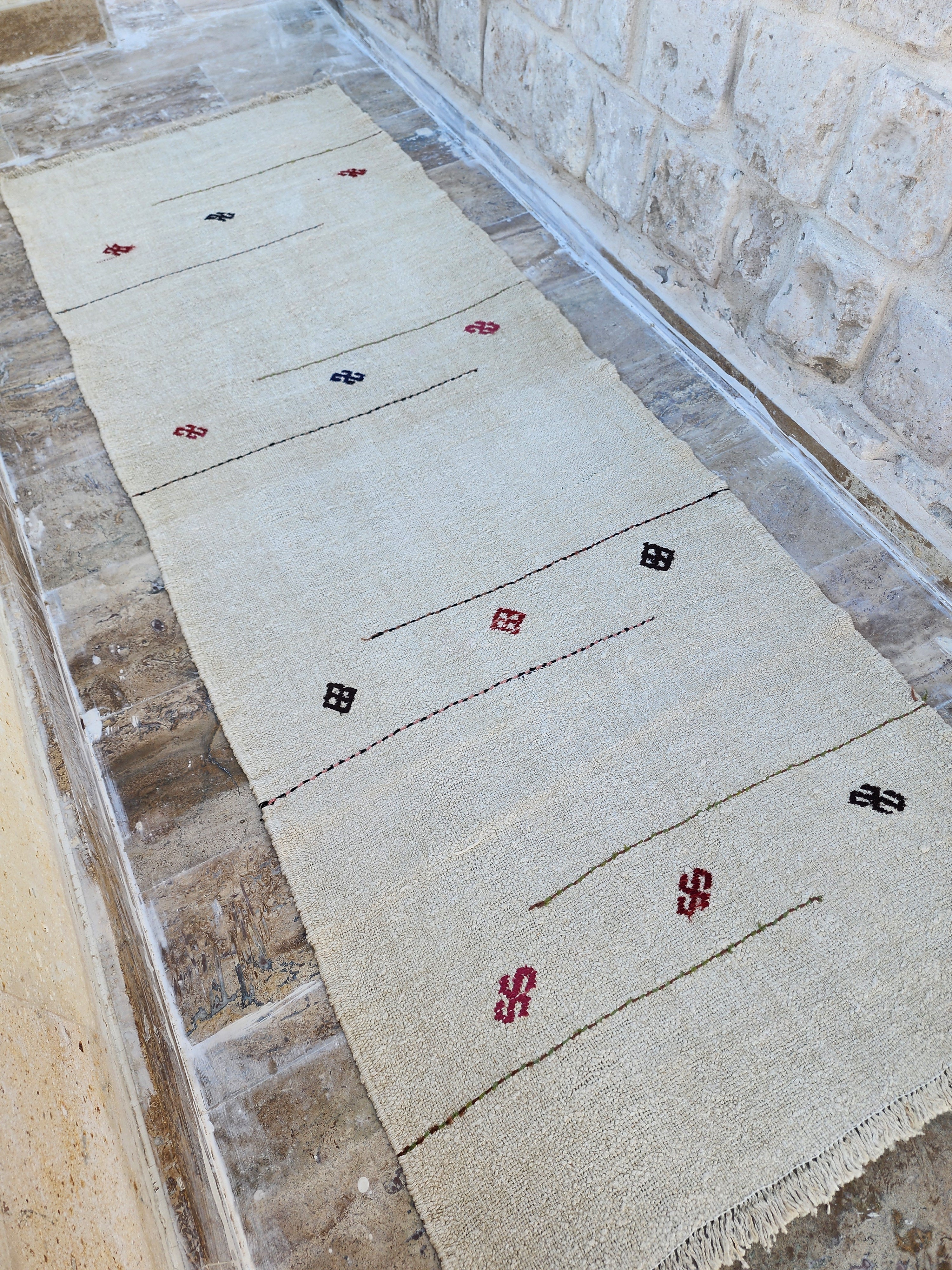 Anatolian Kilim Runner Rug 8'8''x3'2'' Minimalist 100% Natural Hemp Floor Covering, Moroccan Berber Style Handmade Wool Boho Rustic Rug