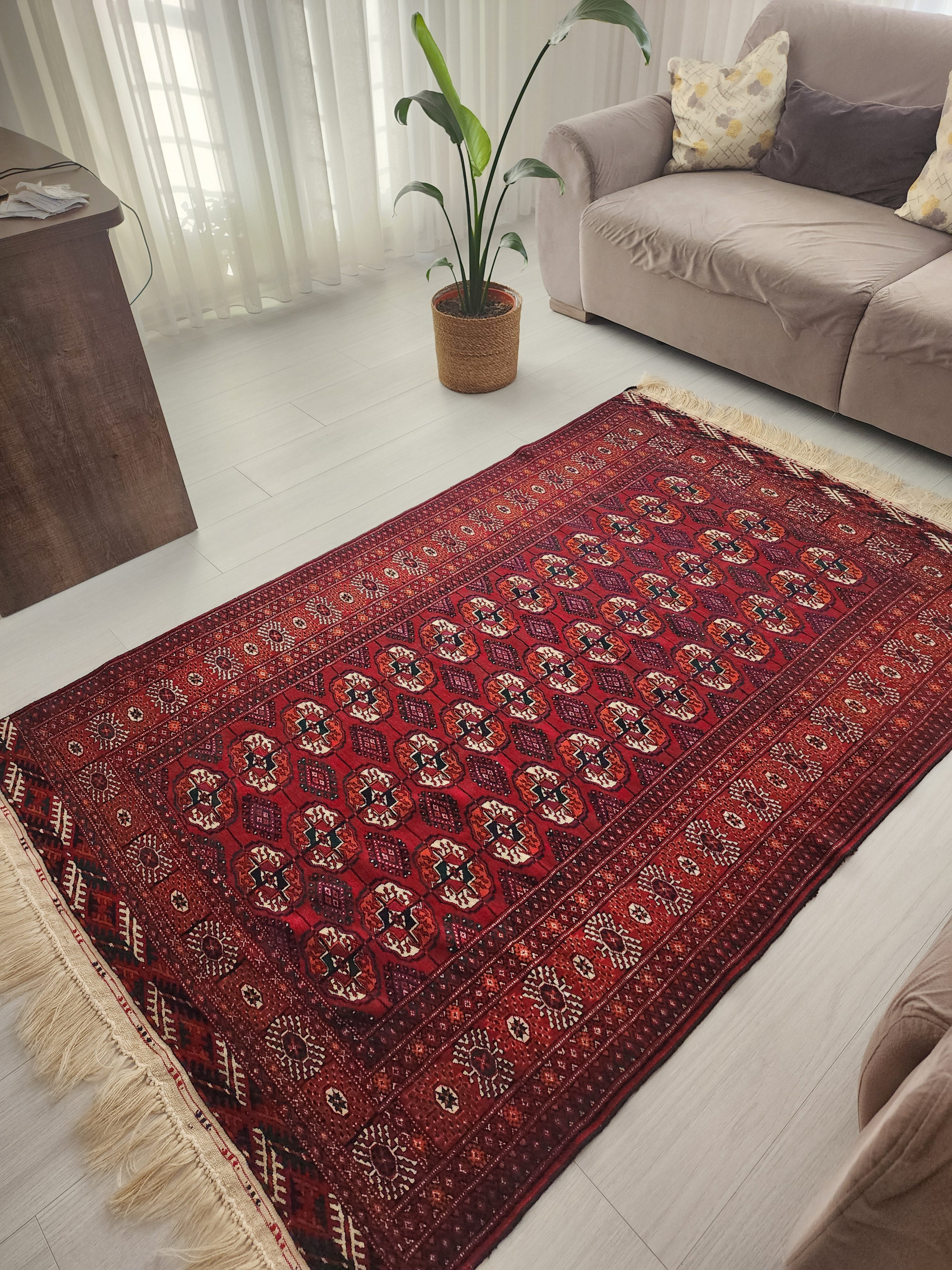 Handmade Turkoman Wool Rug: 4x7 Red Turcoman Area Rug