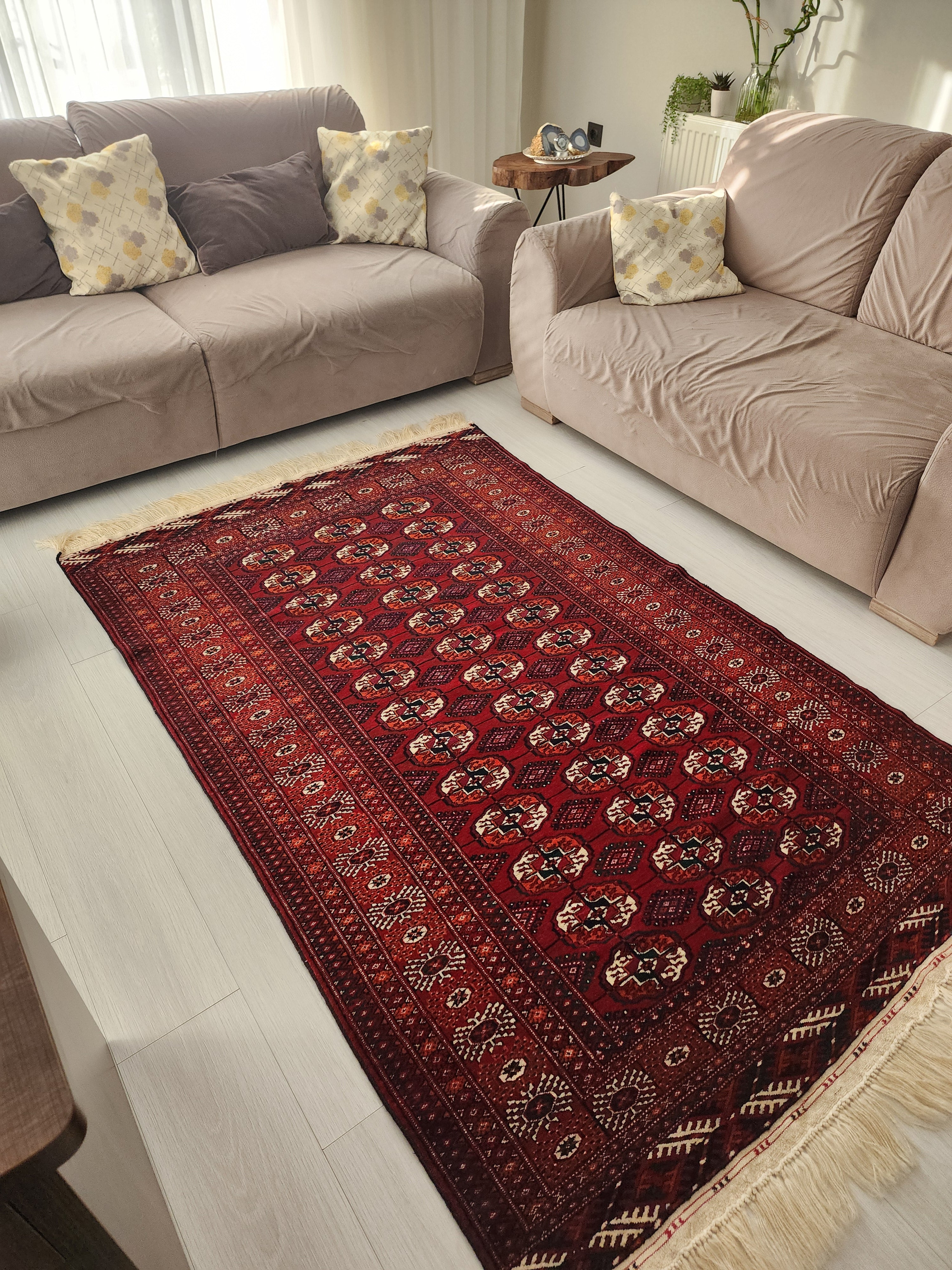 Handmade Turkoman Wool Rug: 4x7 Red Turcoman Area Rug