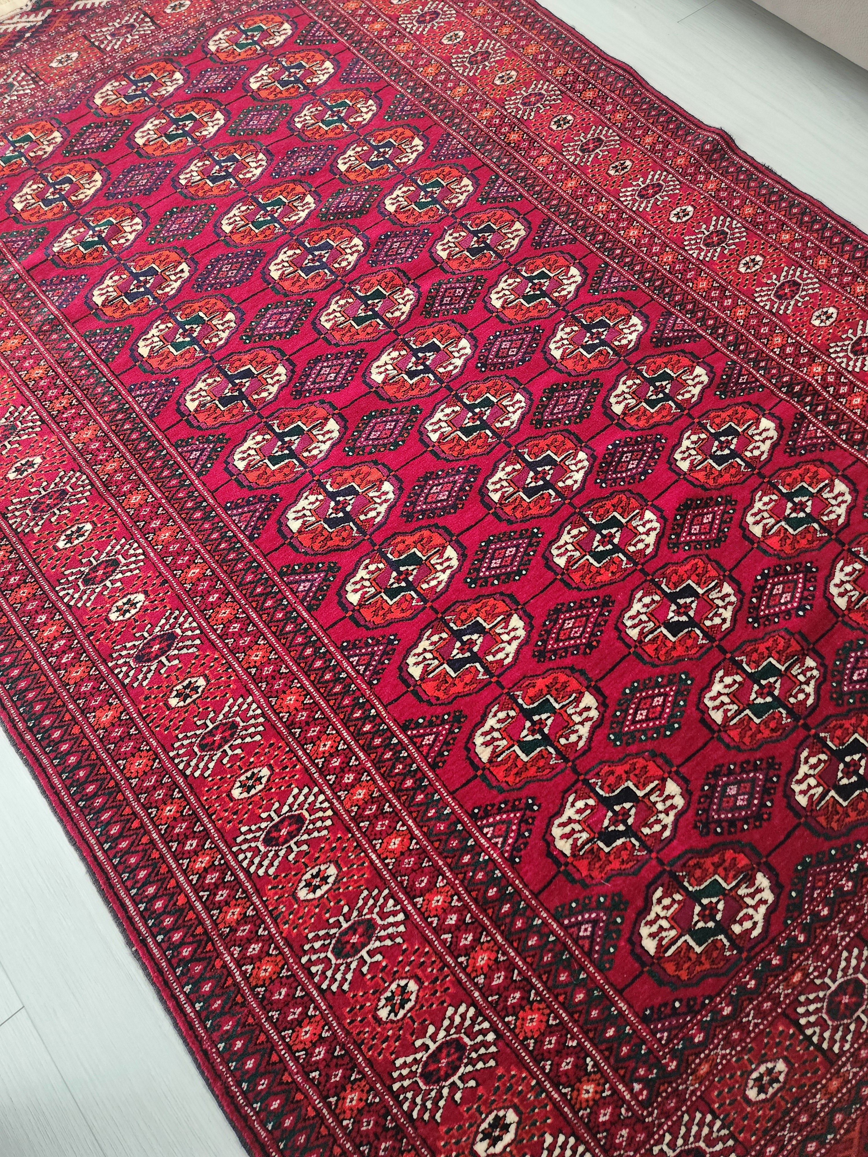 Handmade Turkoman Wool Rug: 4x7 Red Turcoman Area Rug