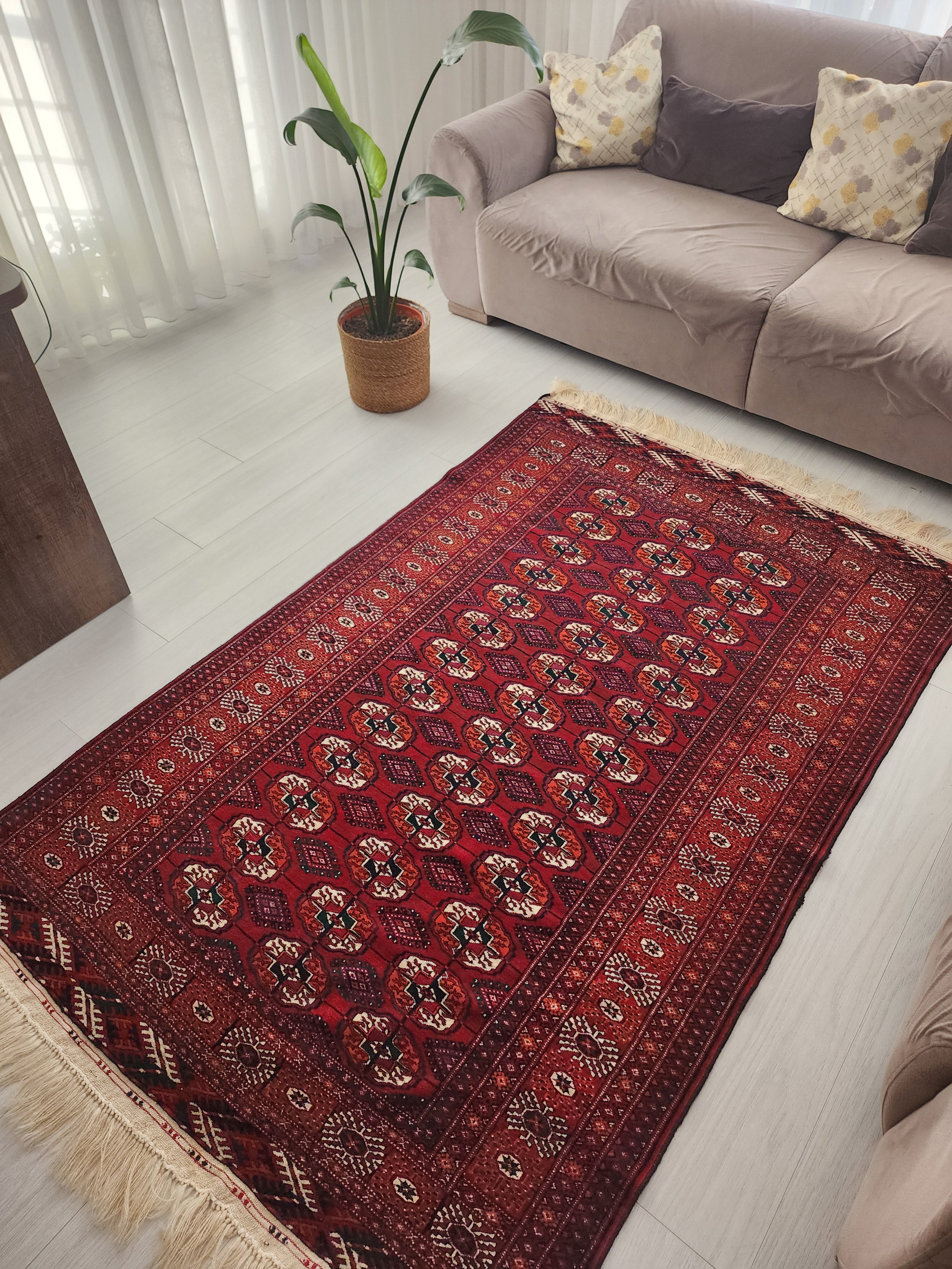 Handmade Turkoman Wool Rug: 4x7 Red Turcoman Area Rug