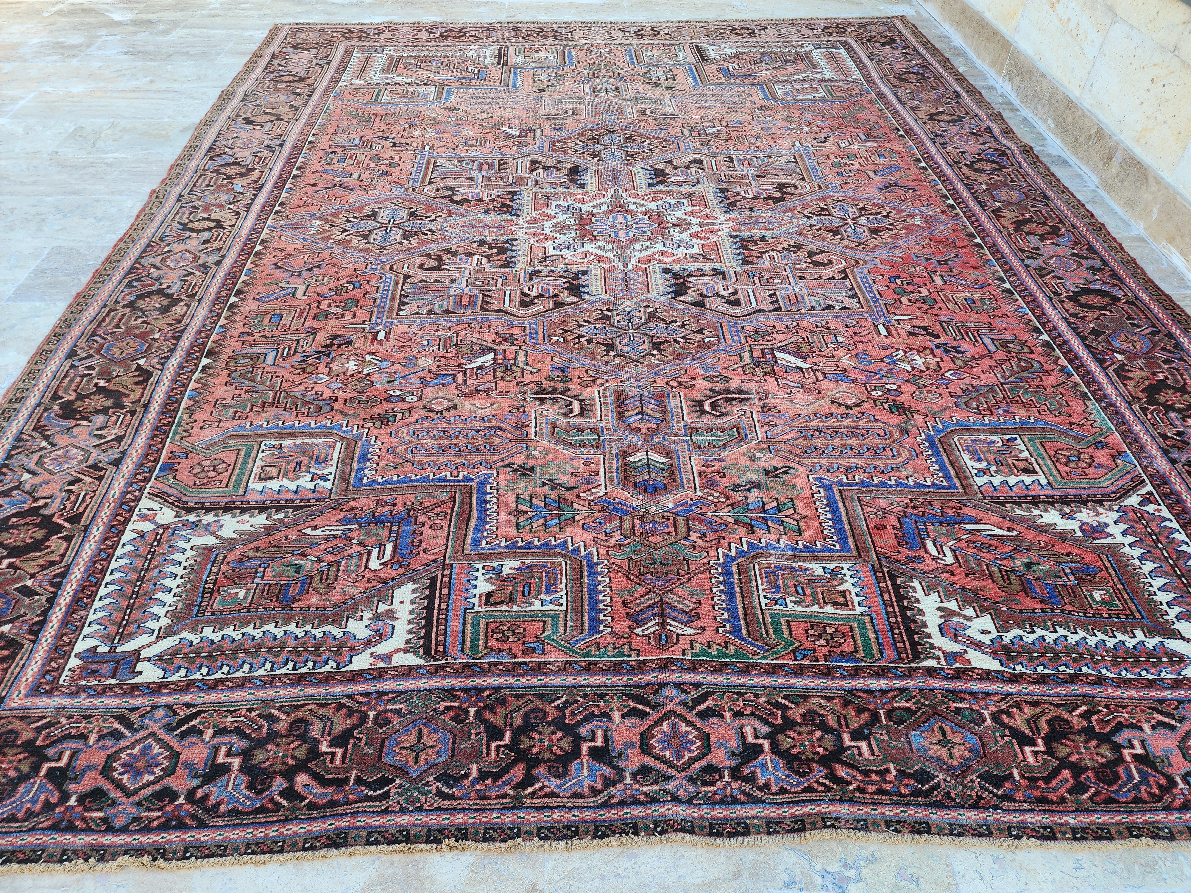 Grand tapis persan rouge, tapis oriental surdimensionné bleu rouge fait main 12'5''x 9'9''