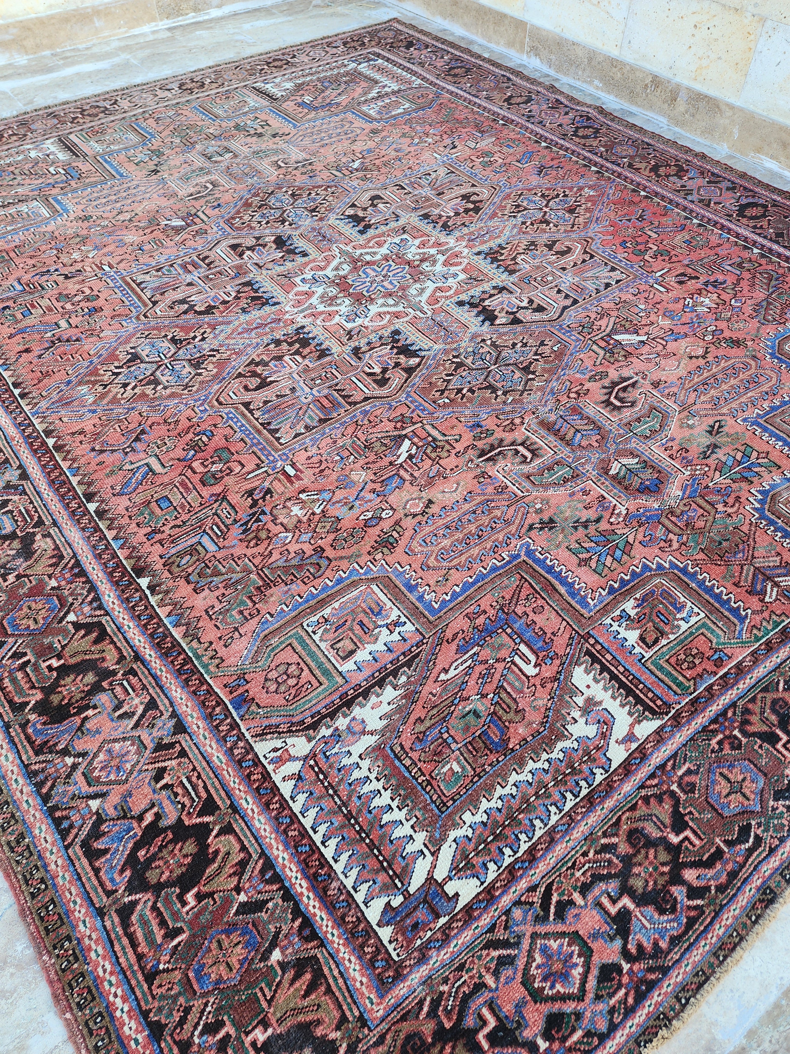 Grand tapis persan rouge, tapis oriental surdimensionné bleu rouge fait main 12'5''x 9'9''