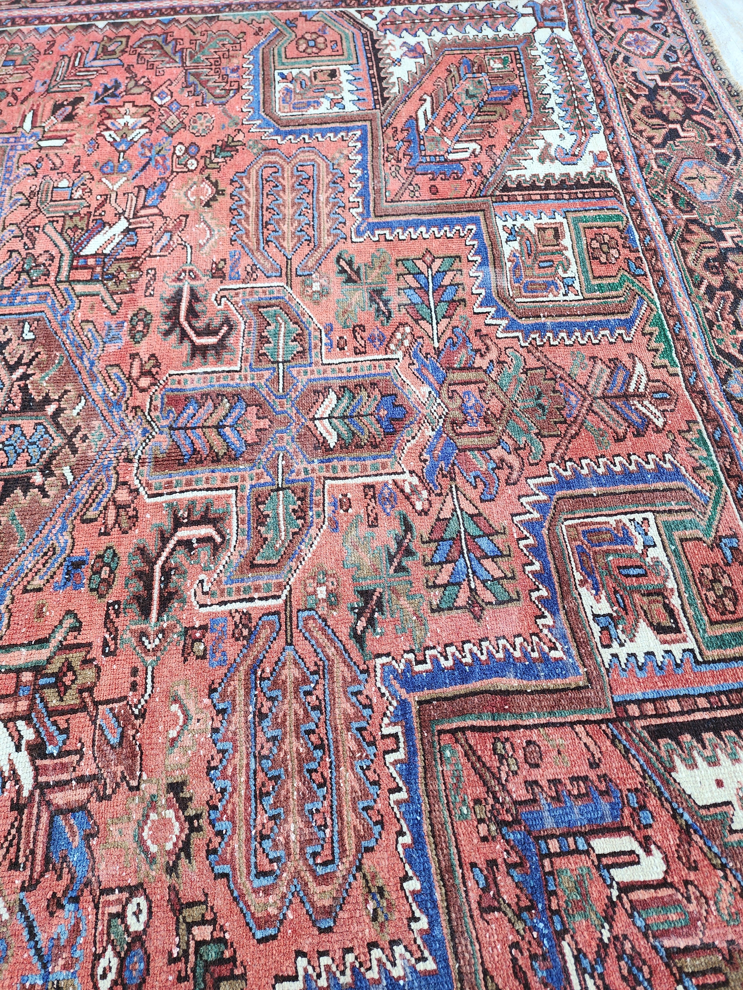 Grand tapis persan rouge, tapis oriental surdimensionné bleu rouge fait main 12'5''x 9'9''