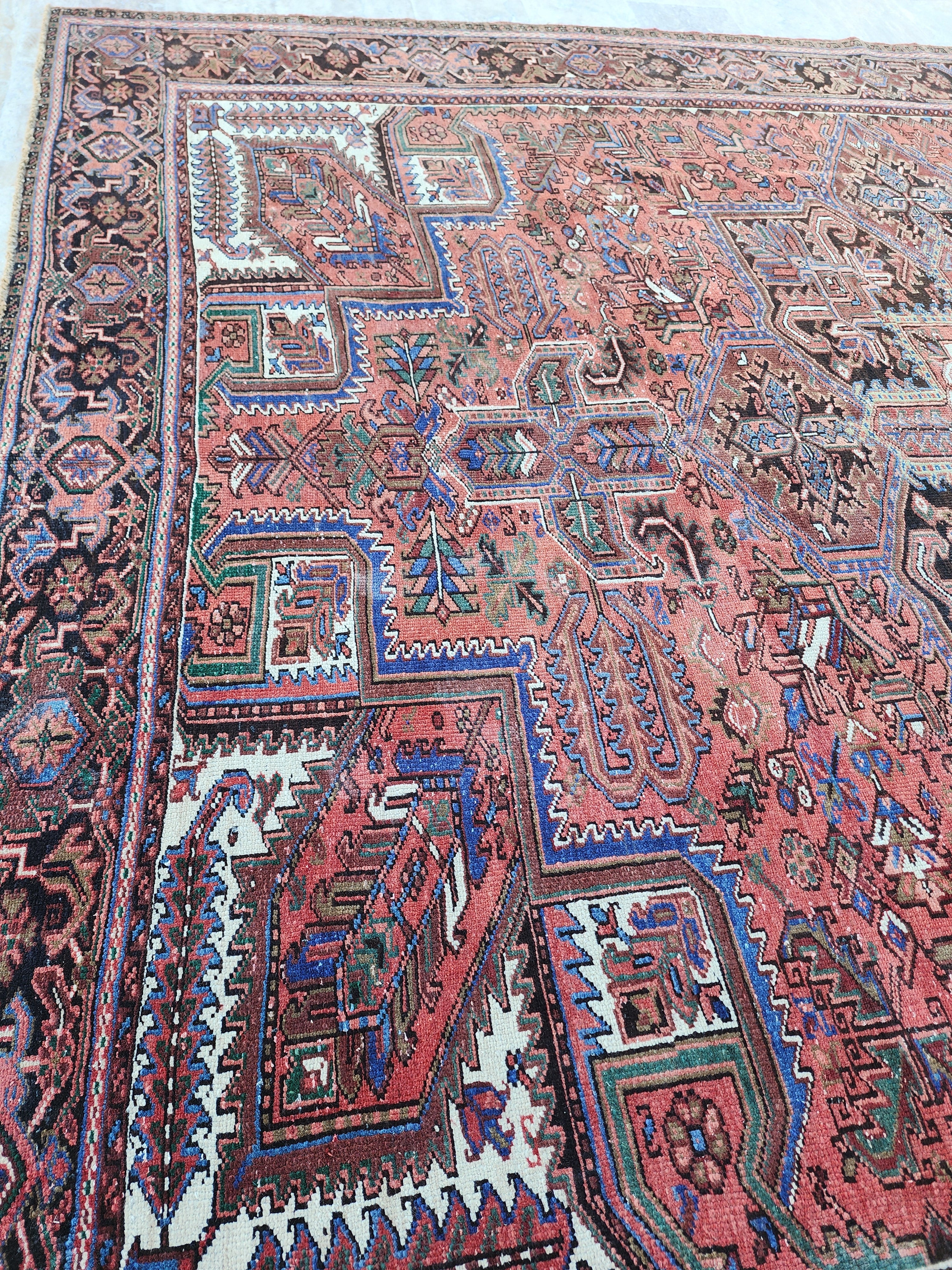Grand tapis persan rouge, tapis oriental surdimensionné bleu rouge fait main 12'5''x 9'9''