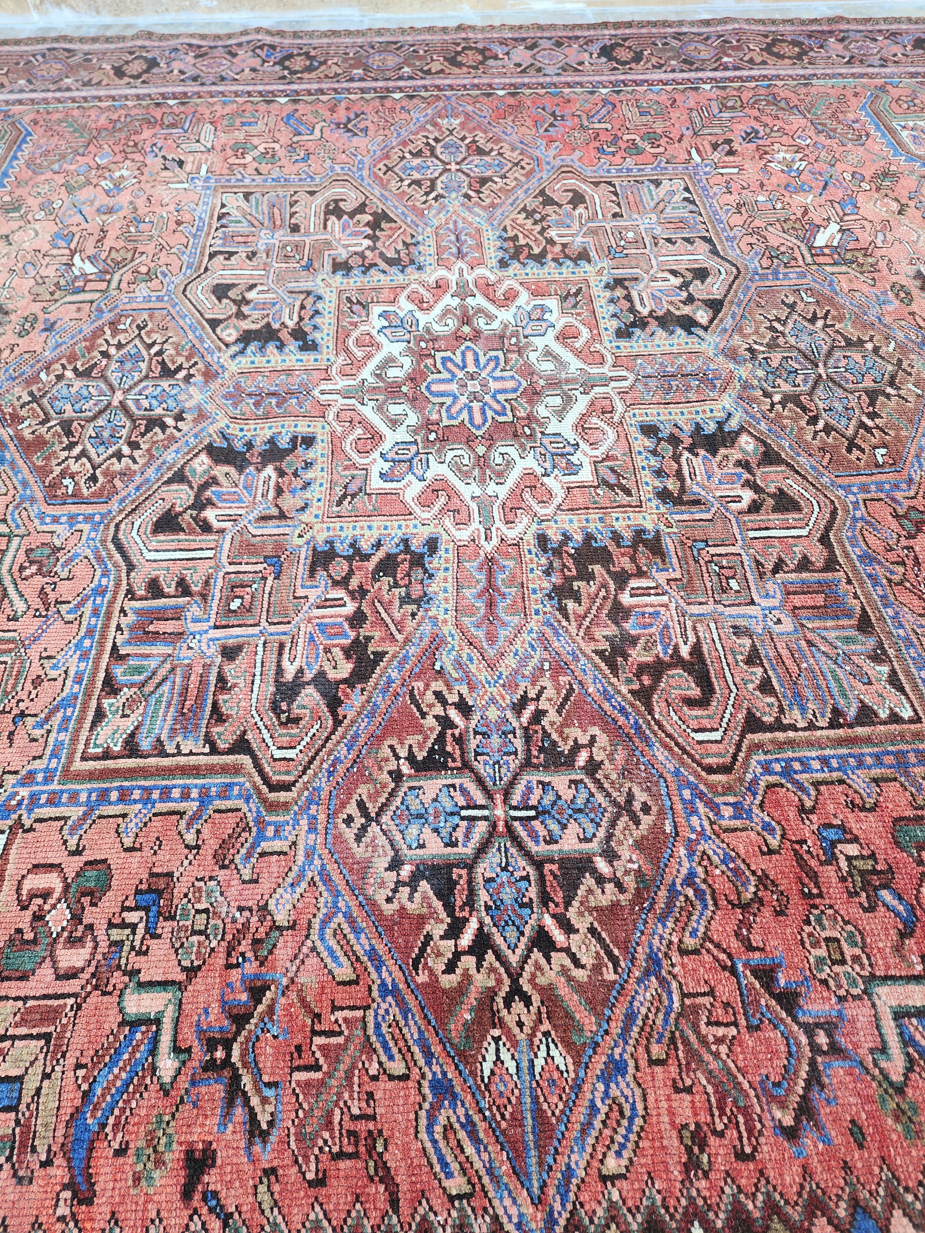 Grand tapis persan rouge, tapis oriental surdimensionné bleu rouge fait main 12'5''x 9'9''