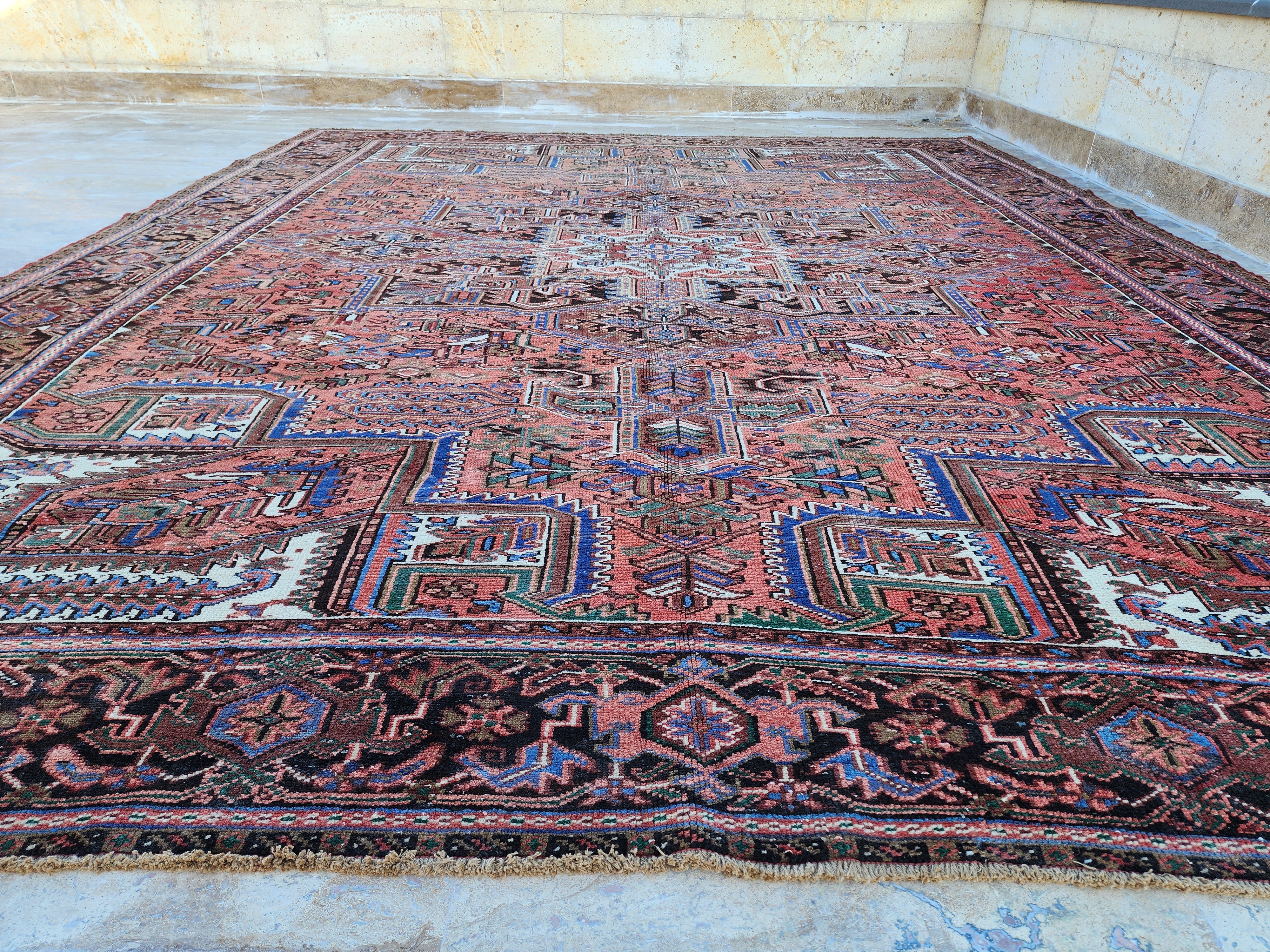 Grand tapis persan rouge, tapis oriental surdimensionné bleu rouge fait main 12'5''x 9'9''