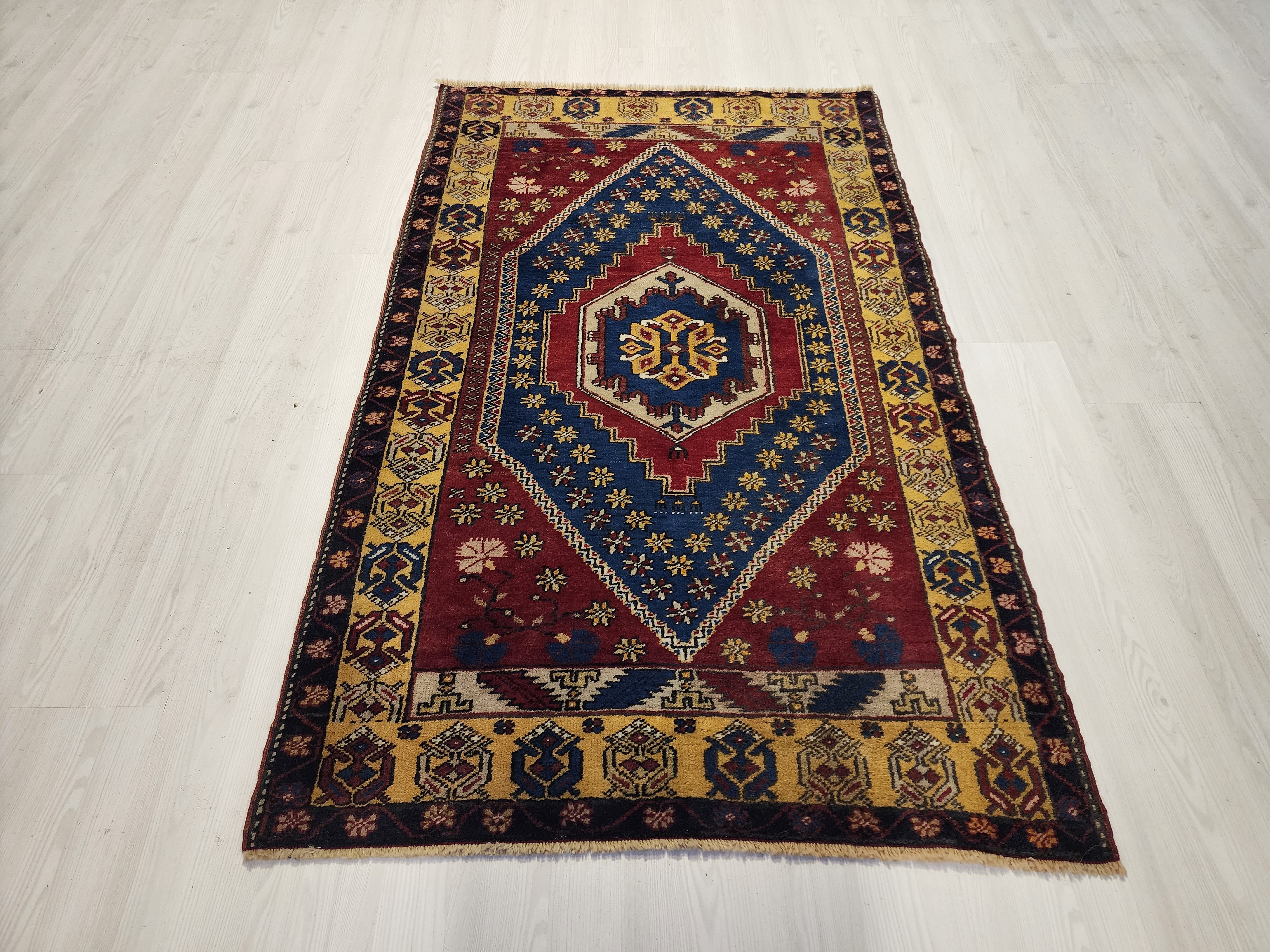 Red Vintage Turkish Rug, 3 ft 1 in x 5 ft 7 in, Red, Blue and Off-Yellow Medallion Rug Handmade from Natural Wool