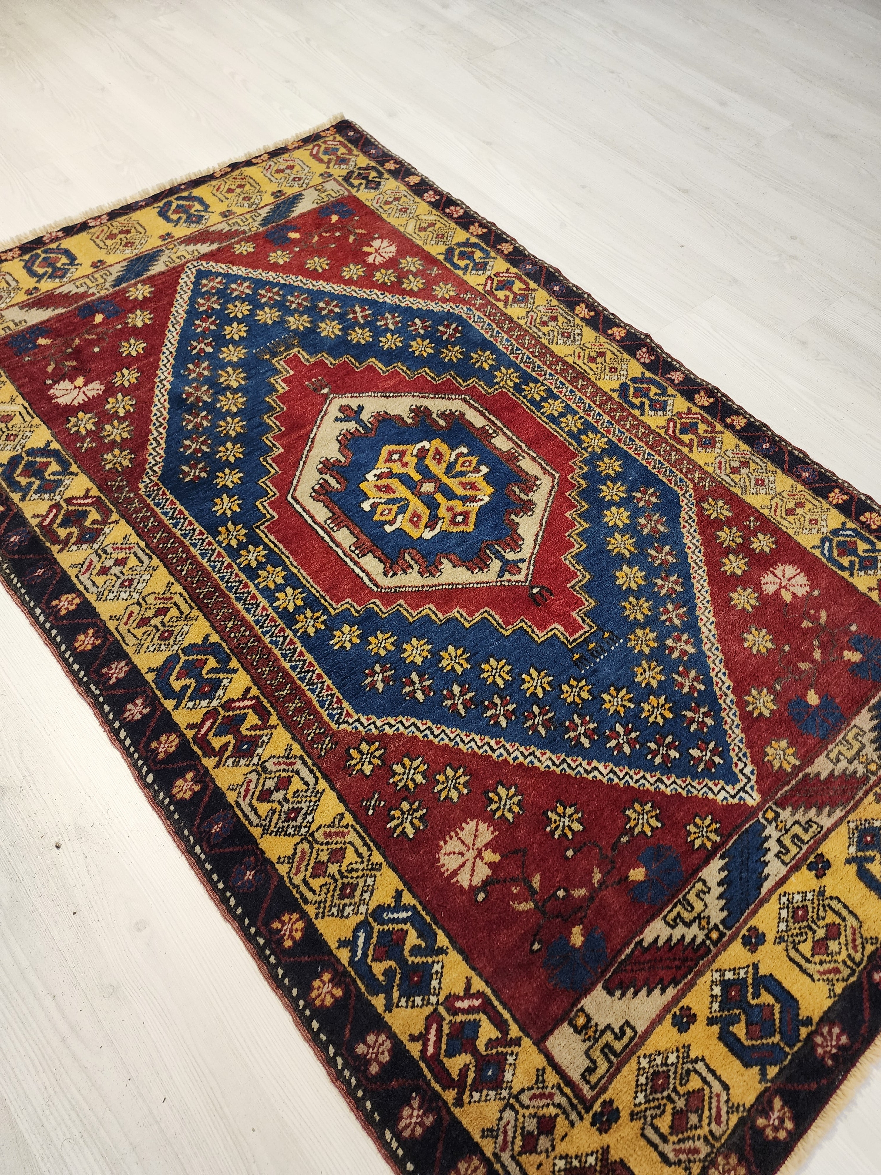 Red Vintage Turkish Rug, 3 ft 1 in x 5 ft 7 in, Red, Blue and Off-Yellow Medallion Rug Handmade from Natural Wool