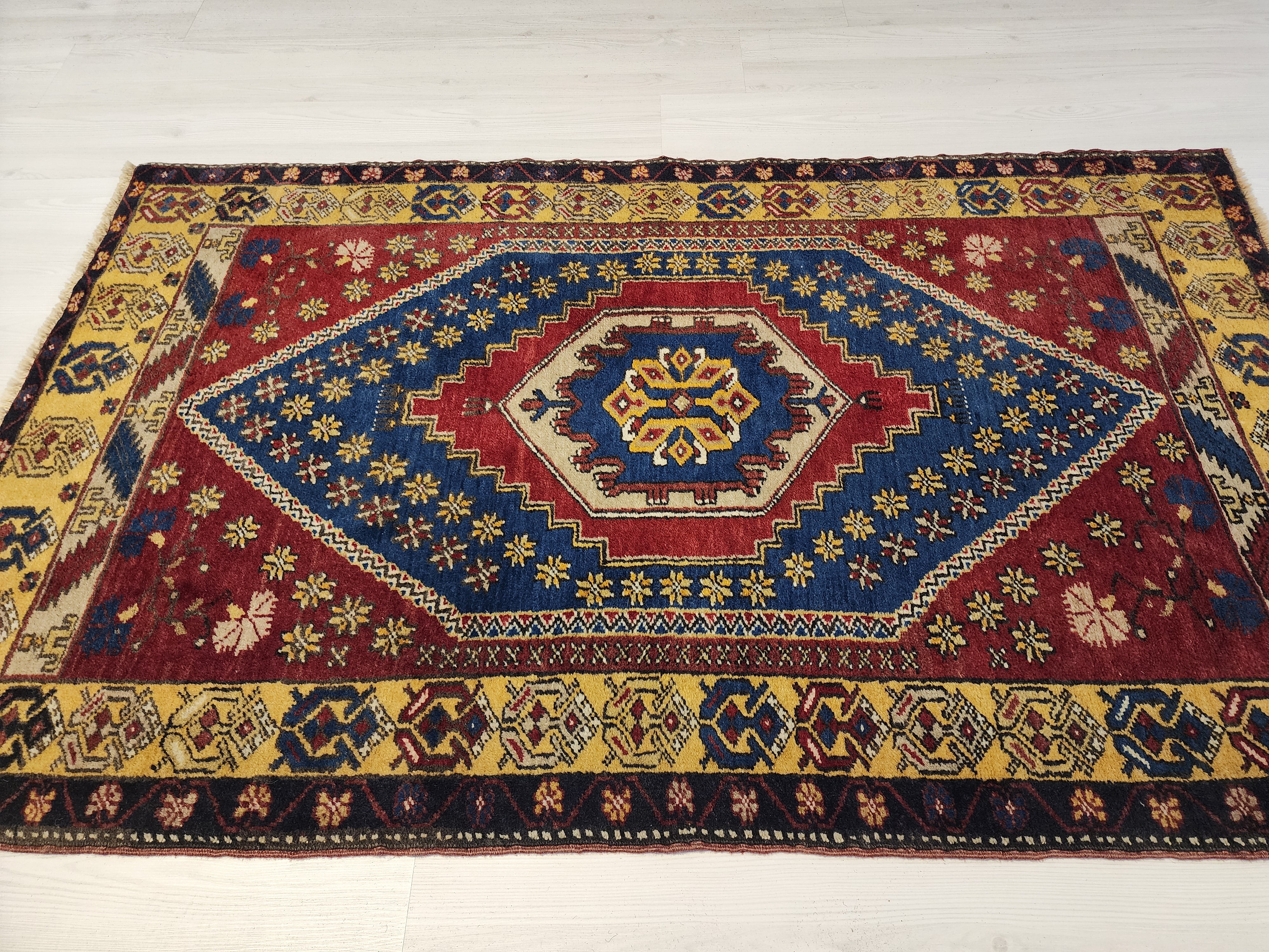 Red Vintage Turkish Rug, 3 ft 1 in x 5 ft 7 in, Red, Blue and Off-Yellow Medallion Rug Handmade from Natural Wool