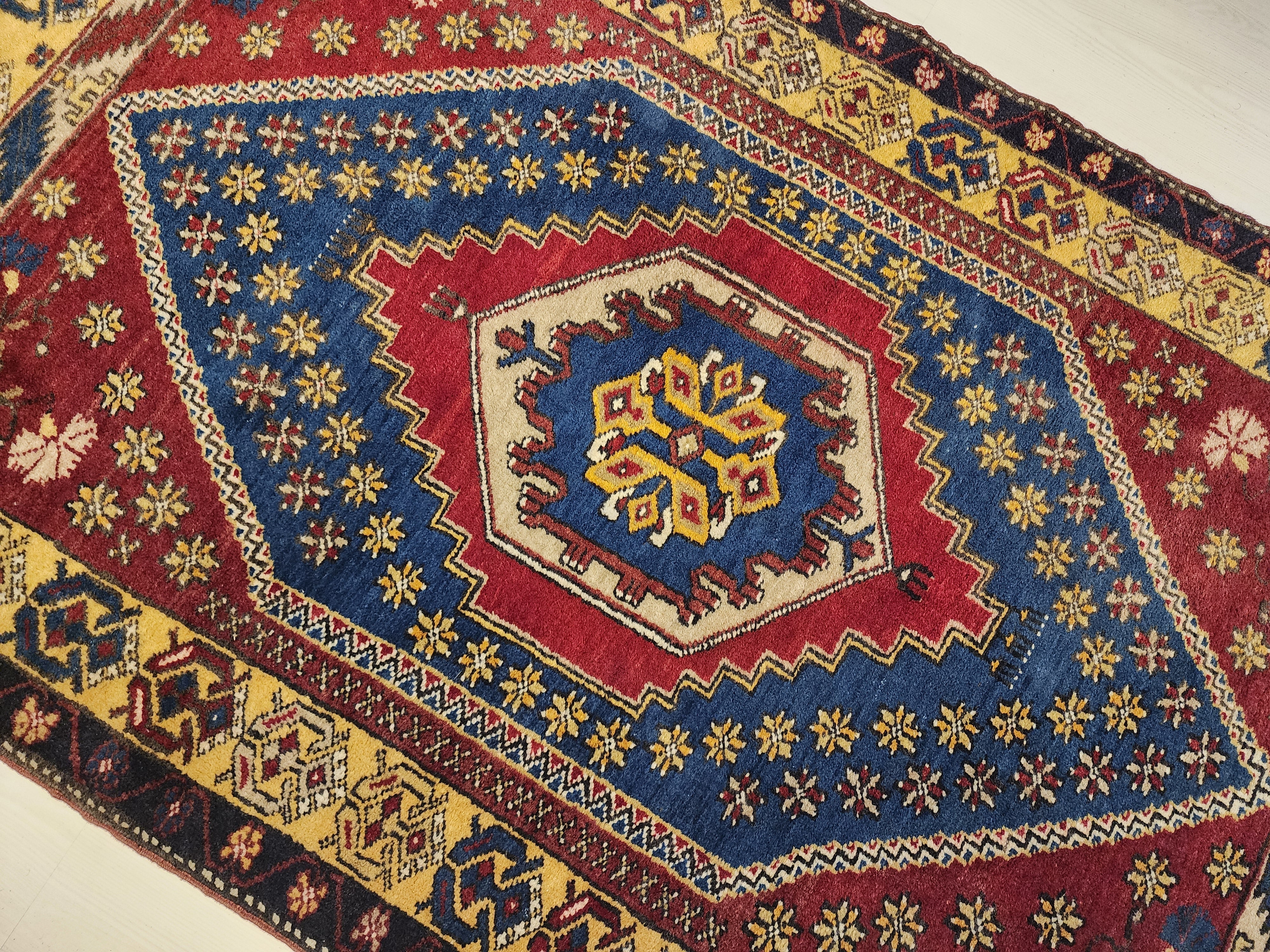 Red Vintage Turkish Rug, 3 ft 1 in x 5 ft 7 in, Red, Blue and Off-Yellow Medallion Rug Handmade from Natural Wool