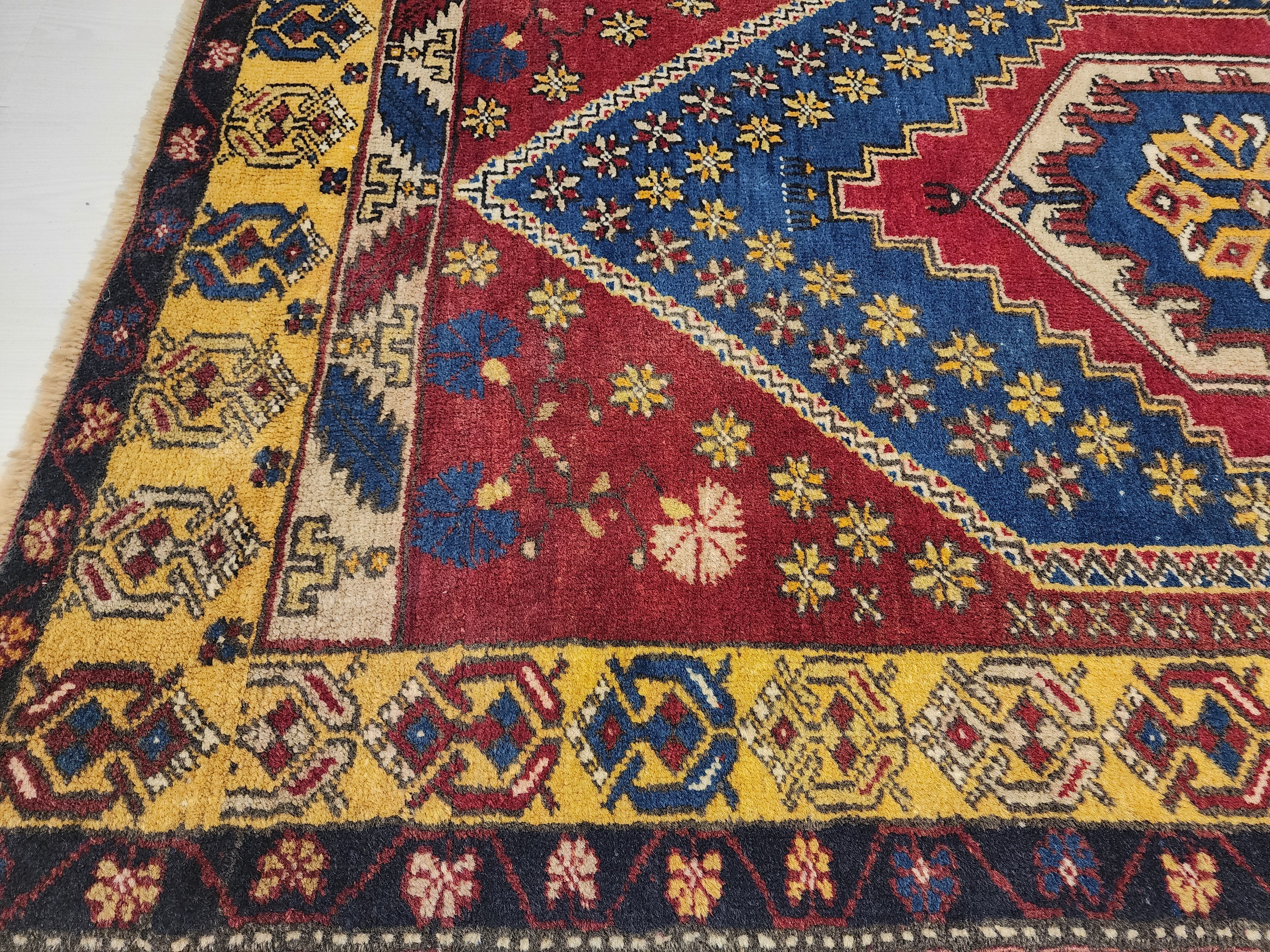 Red Vintage Turkish Rug, 3 ft 1 in x 5 ft 7 in, Red, Blue and Off-Yellow Medallion Rug Handmade from Natural Wool