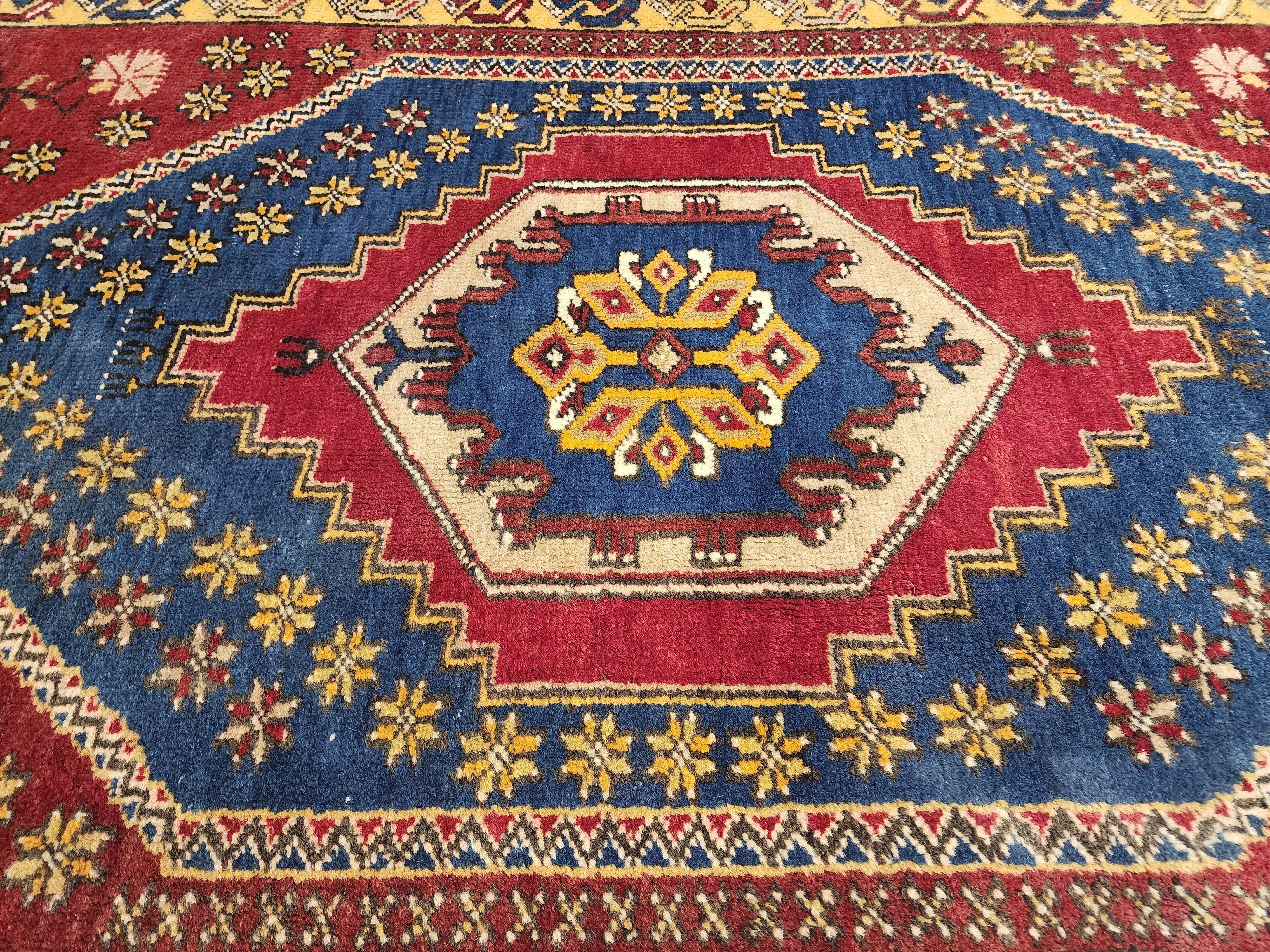Red Vintage Turkish Rug, 3 ft 1 in x 5 ft 7 in, Red, Blue and Off-Yellow Medallion Rug Handmade from Natural Wool