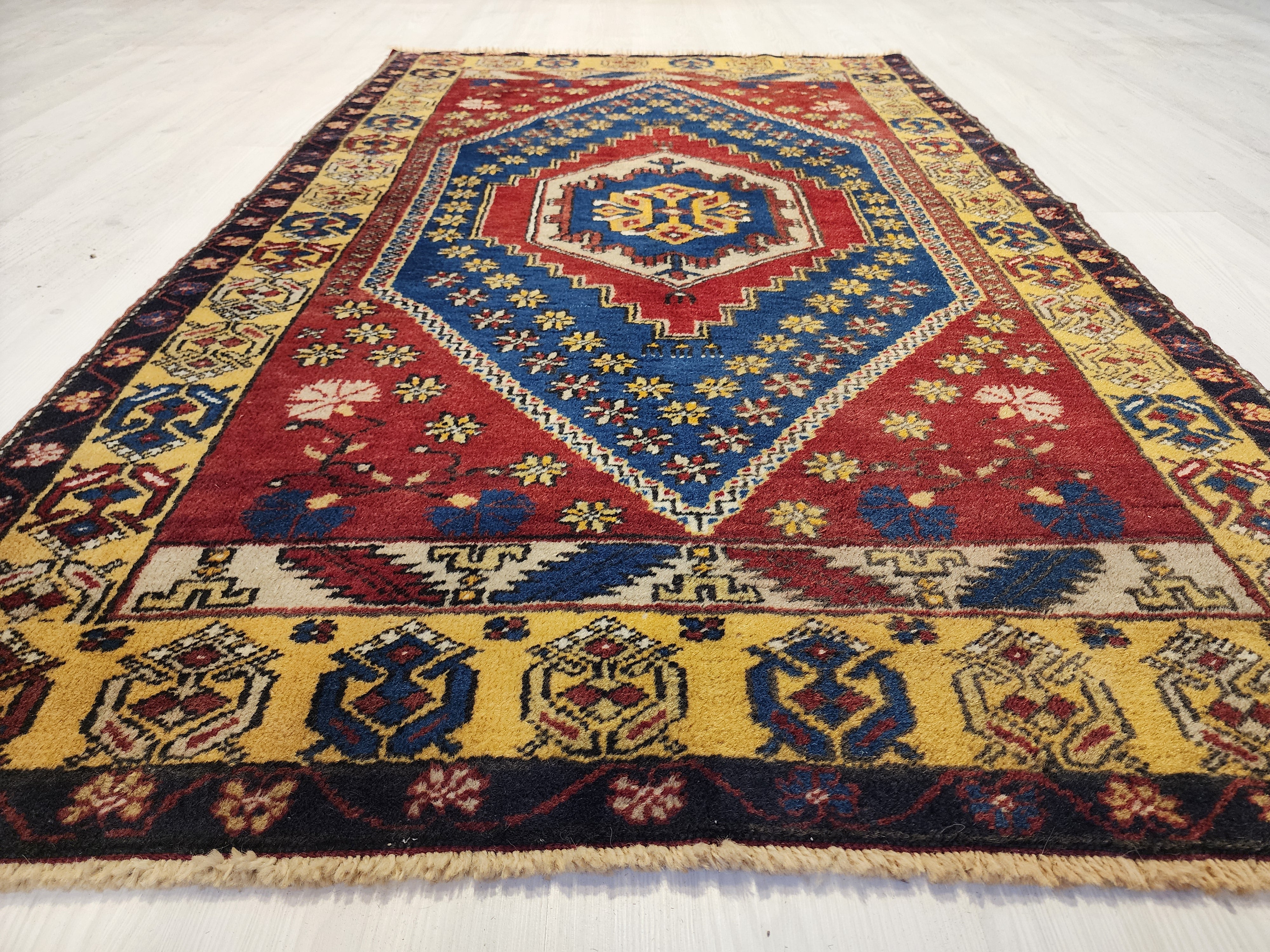 Red Vintage Turkish Rug, 3 ft 1 in x 5 ft 7 in, Red, Blue and Off-Yellow Medallion Rug Handmade from Natural Wool