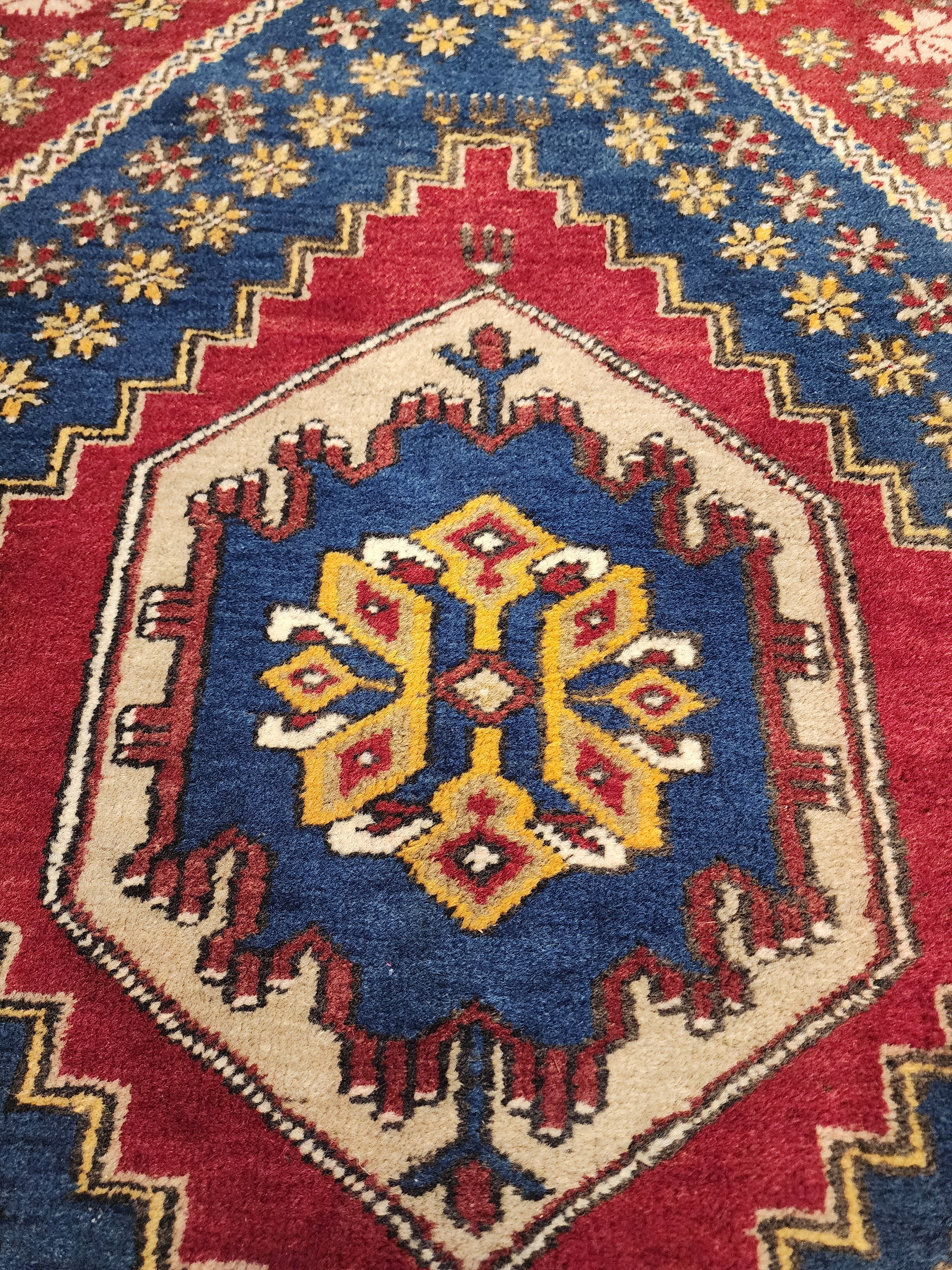 Red Vintage Turkish Rug, 3 ft 1 in x 5 ft 7 in, Red, Blue and Off-Yellow Medallion Rug Handmade from Natural Wool