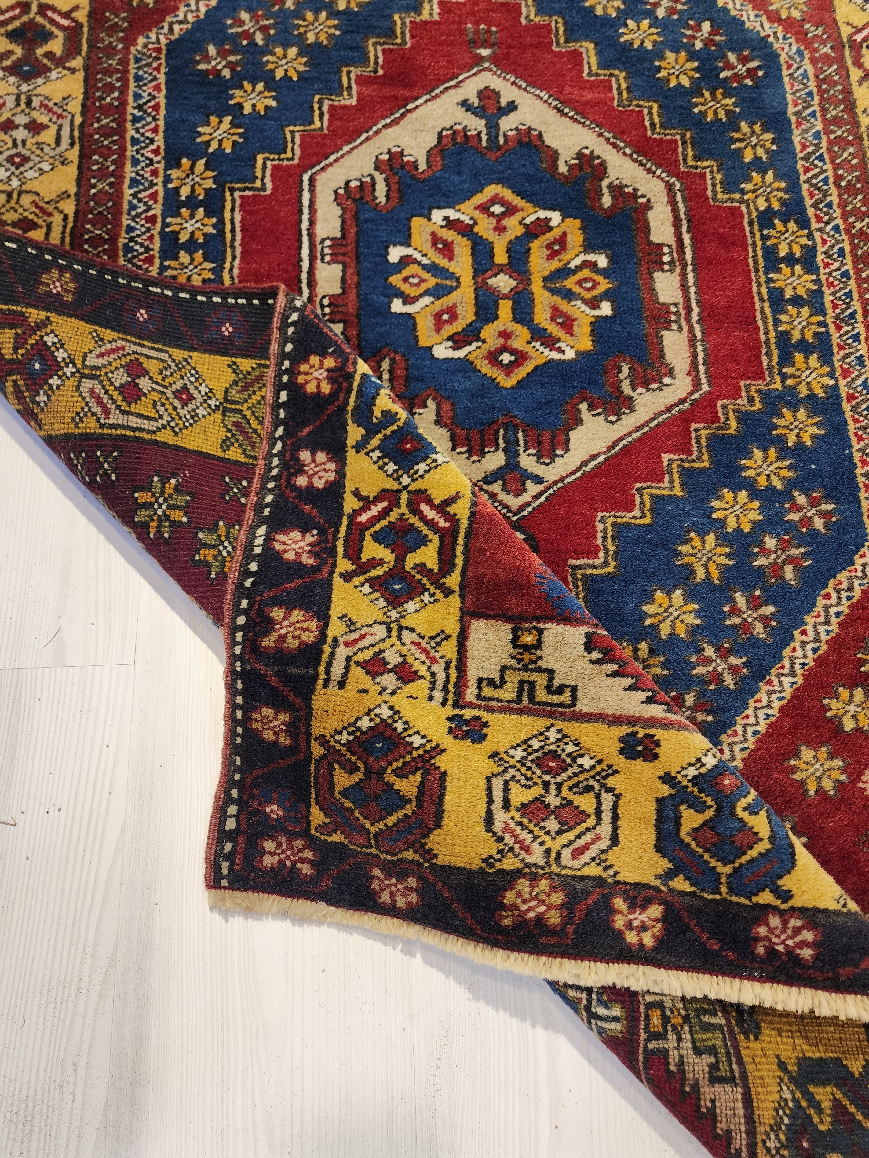 Red Vintage Turkish Rug, 3 ft 1 in x 5 ft 7 in, Red, Blue and Off-Yellow Medallion Rug Handmade from Natural Wool