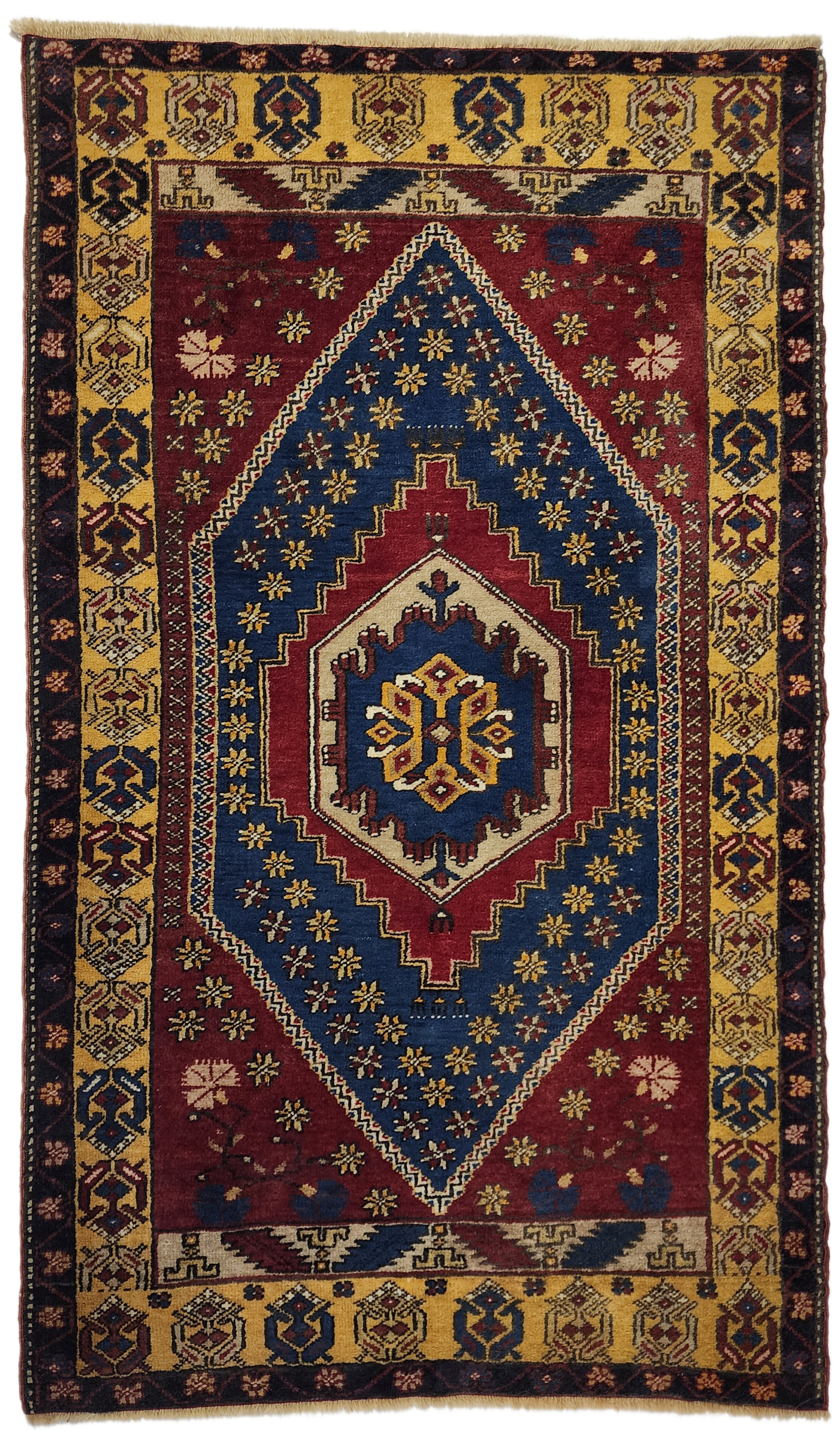 Red Vintage Turkish Rug, 3 ft 1 in x 5 ft 7 in, Red, Blue and Off-Yellow Medallion Rug Handmade from Natural Wool