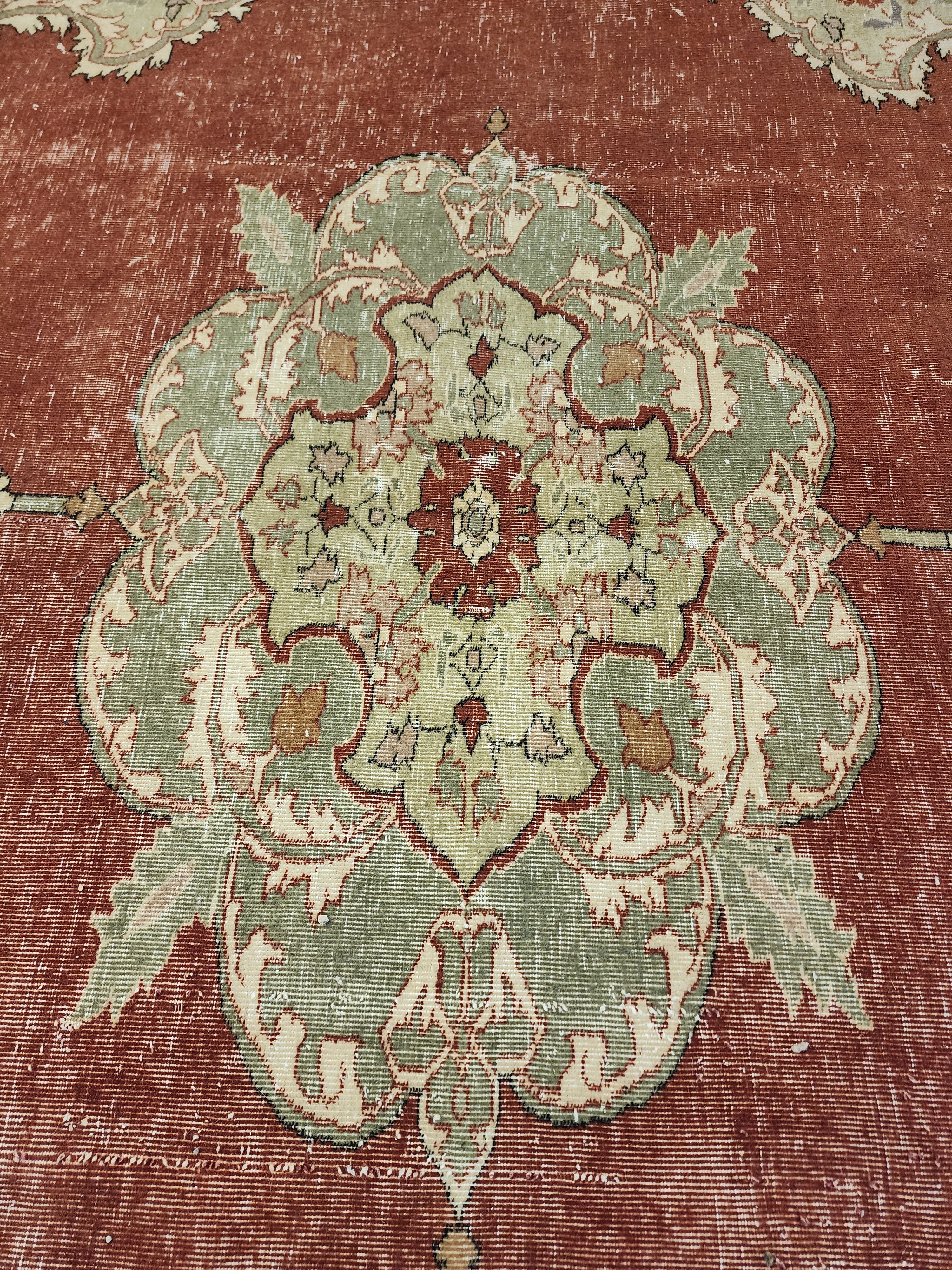 Gran alfombra persa roja y verde hecha a mano para sala de estar, 9'3'' x 7'7''