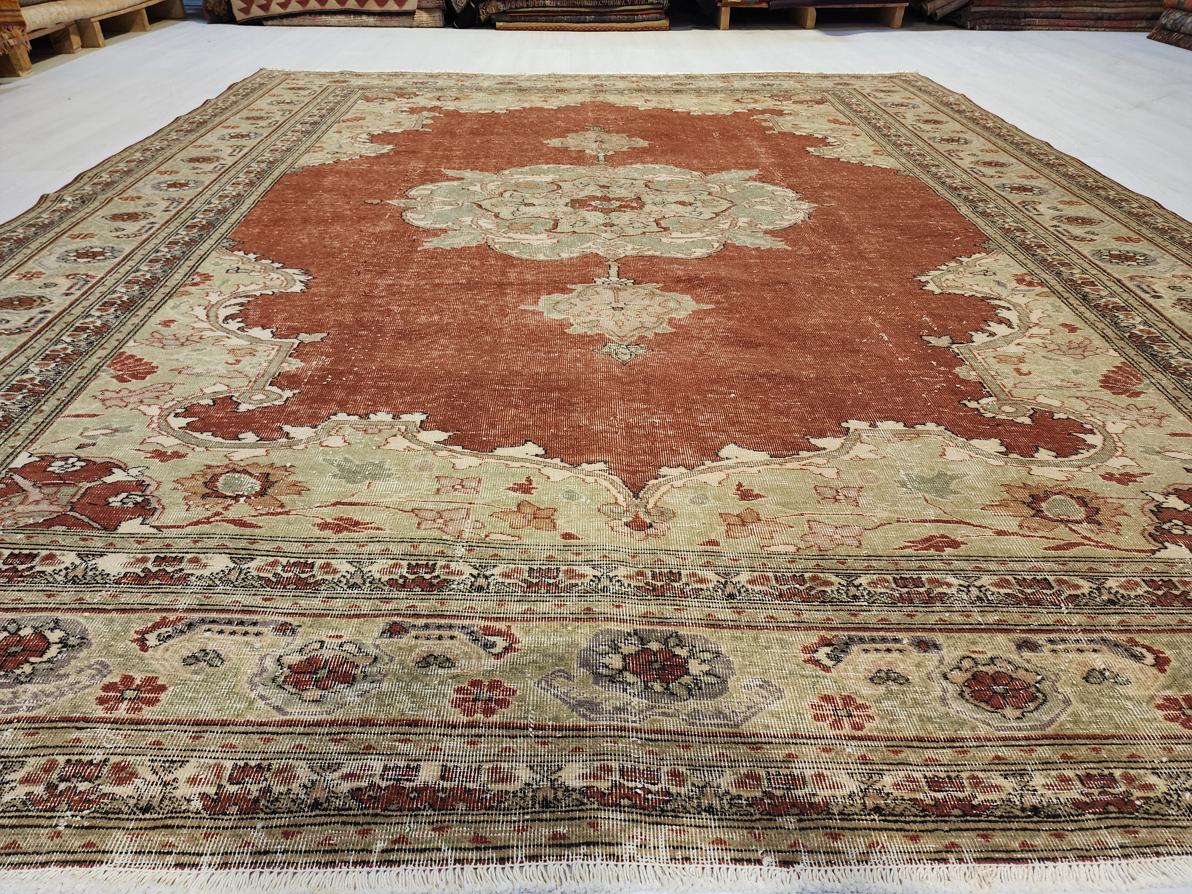 Large Persian Red and Green Living Room Handmade Carpet 9'3''x7'7''