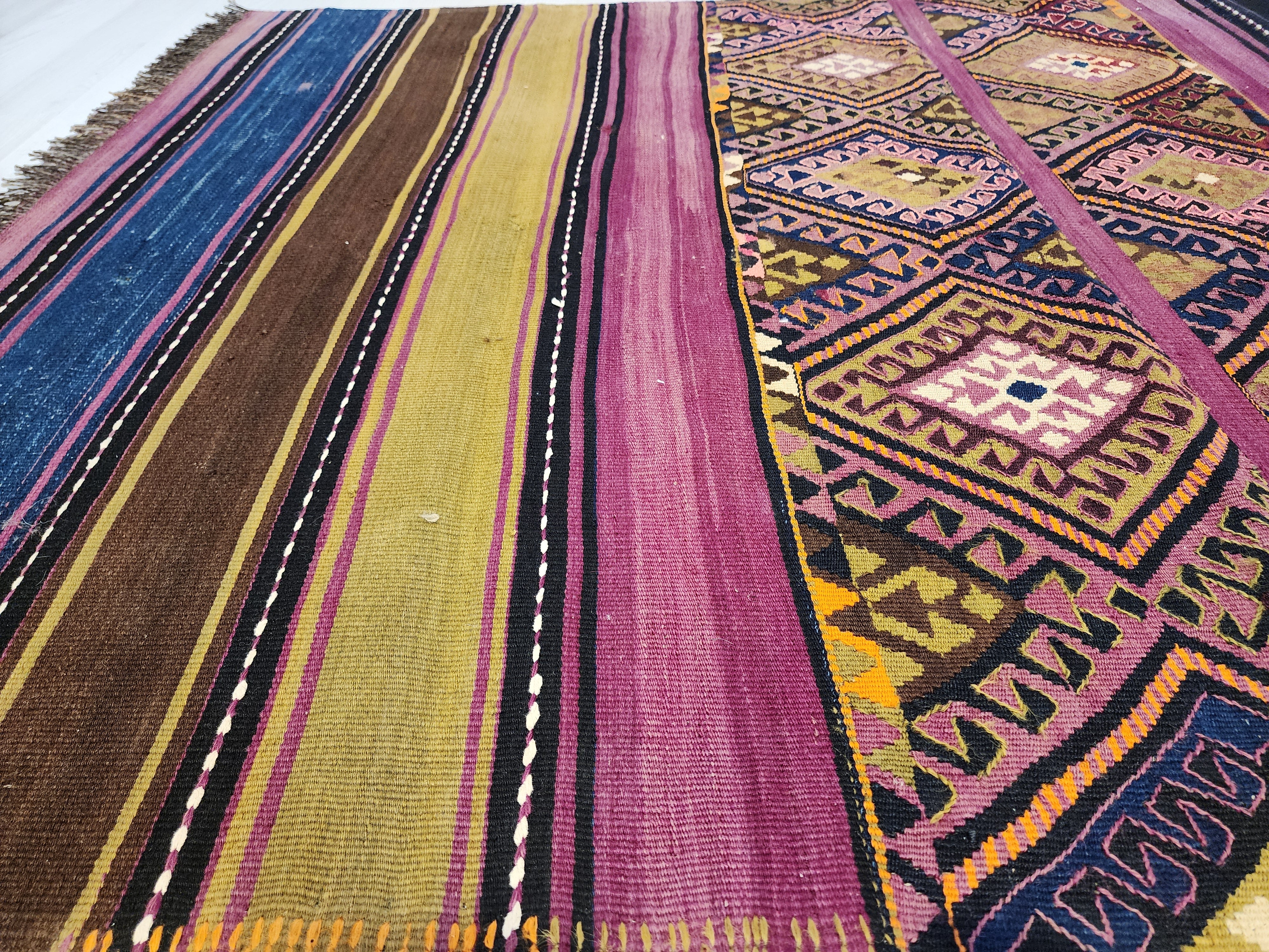 Antique Turkish Kilim Rug 6 x 5 ft, Antique Persian Boho Rustic Floor Rug