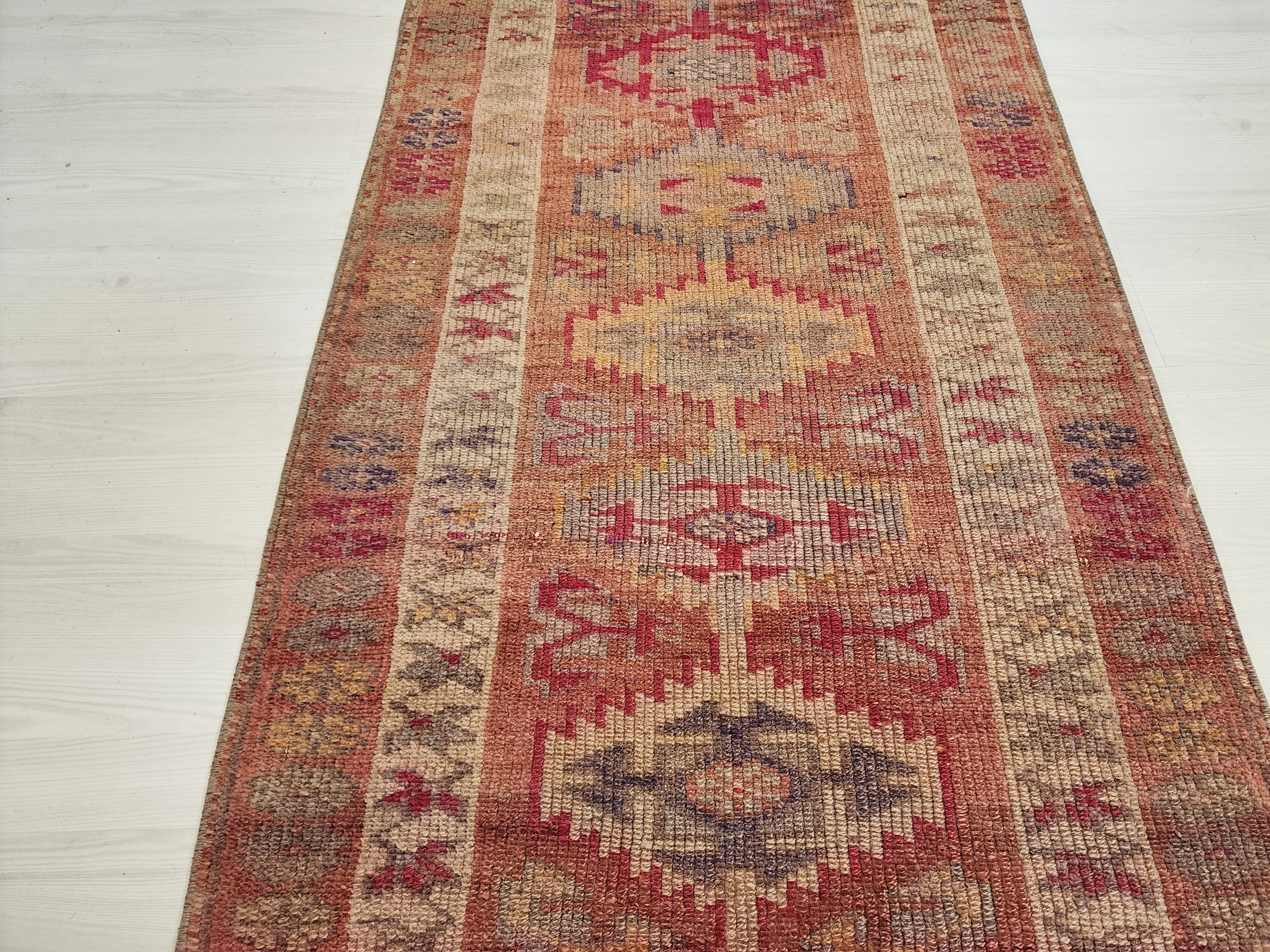 Pale Turkish Oushak Hallway Runner Rug, Bohemian Rustic Decor Distressed Muted Color Rug, Handmade Natural Wool Persian Area Rug 13’8”*2’5”