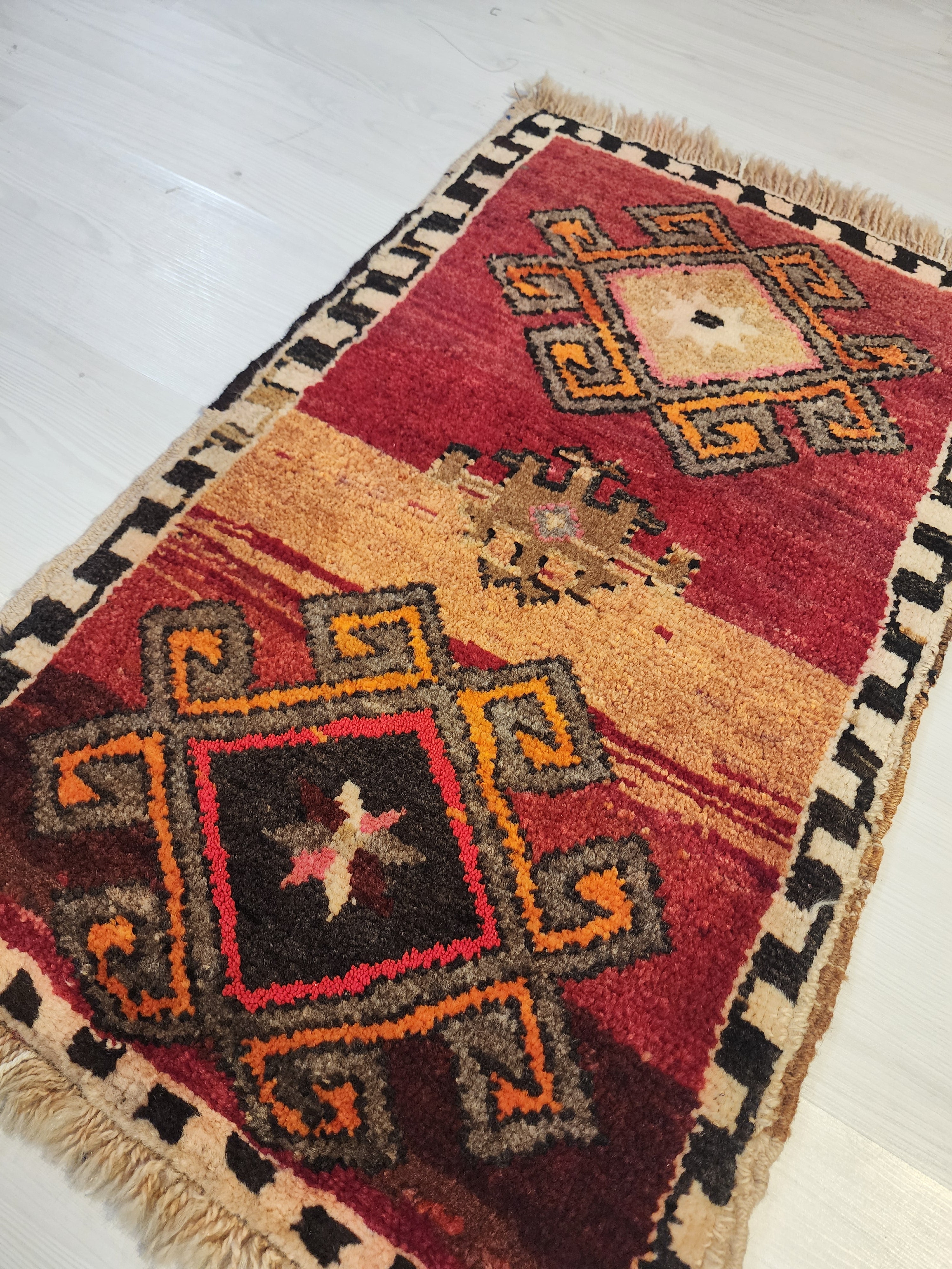 Vintage Kars Yastik Rug, Small Handmade Anatolian Wool Accent Mat, Red Brown Geometric
