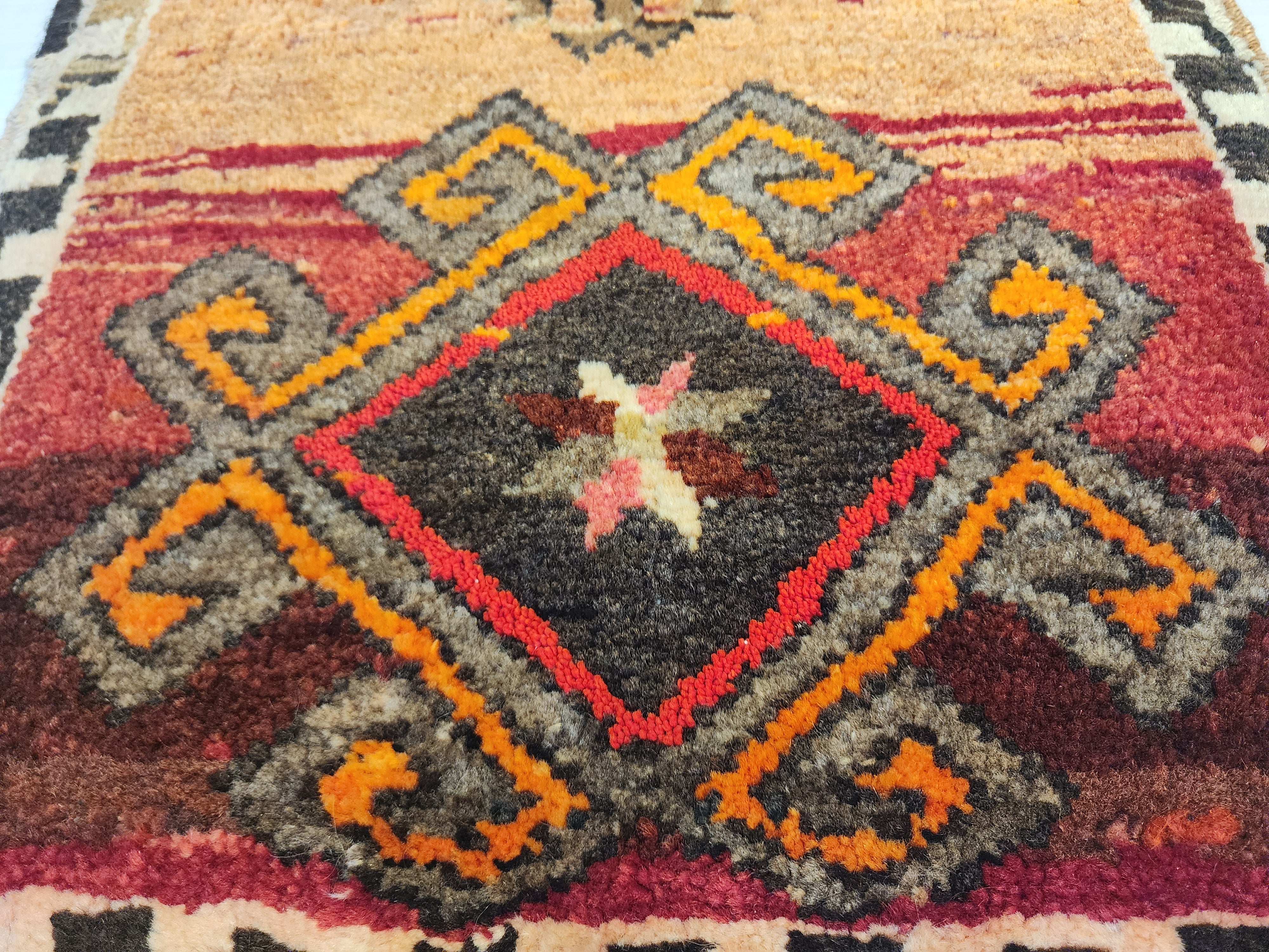 Vintage Kars Yastik Rug, Small Handmade Anatolian Wool Accent Mat, Red Brown Geometric