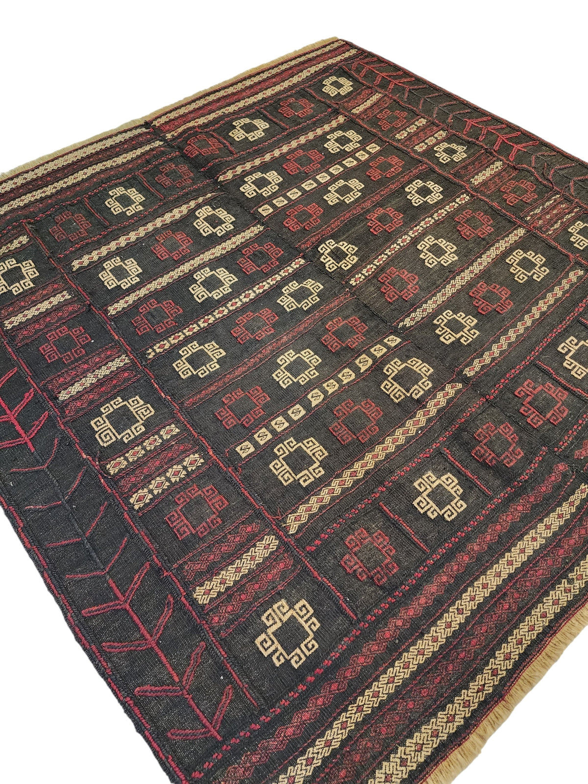 Antique Anatolian Kilim Rug, 1930s Geometric Wool Flatweave, Dark Red Charcoal Accent (4'4'' x 4'5'')