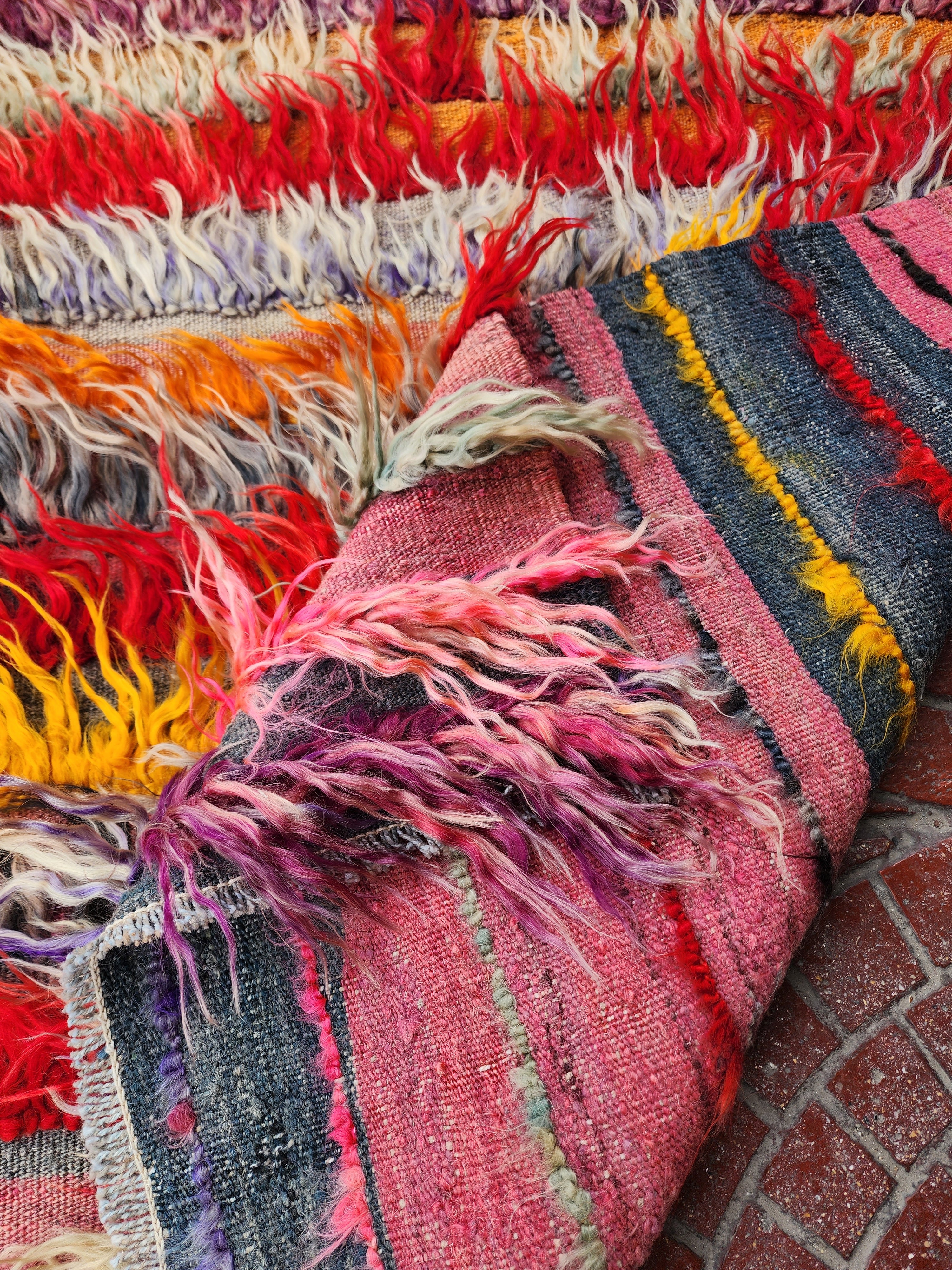 ORANGE AND PINK TURKISH FILIKLI TULU SHAGGY PILE RUG  3'8'' x 2'8''