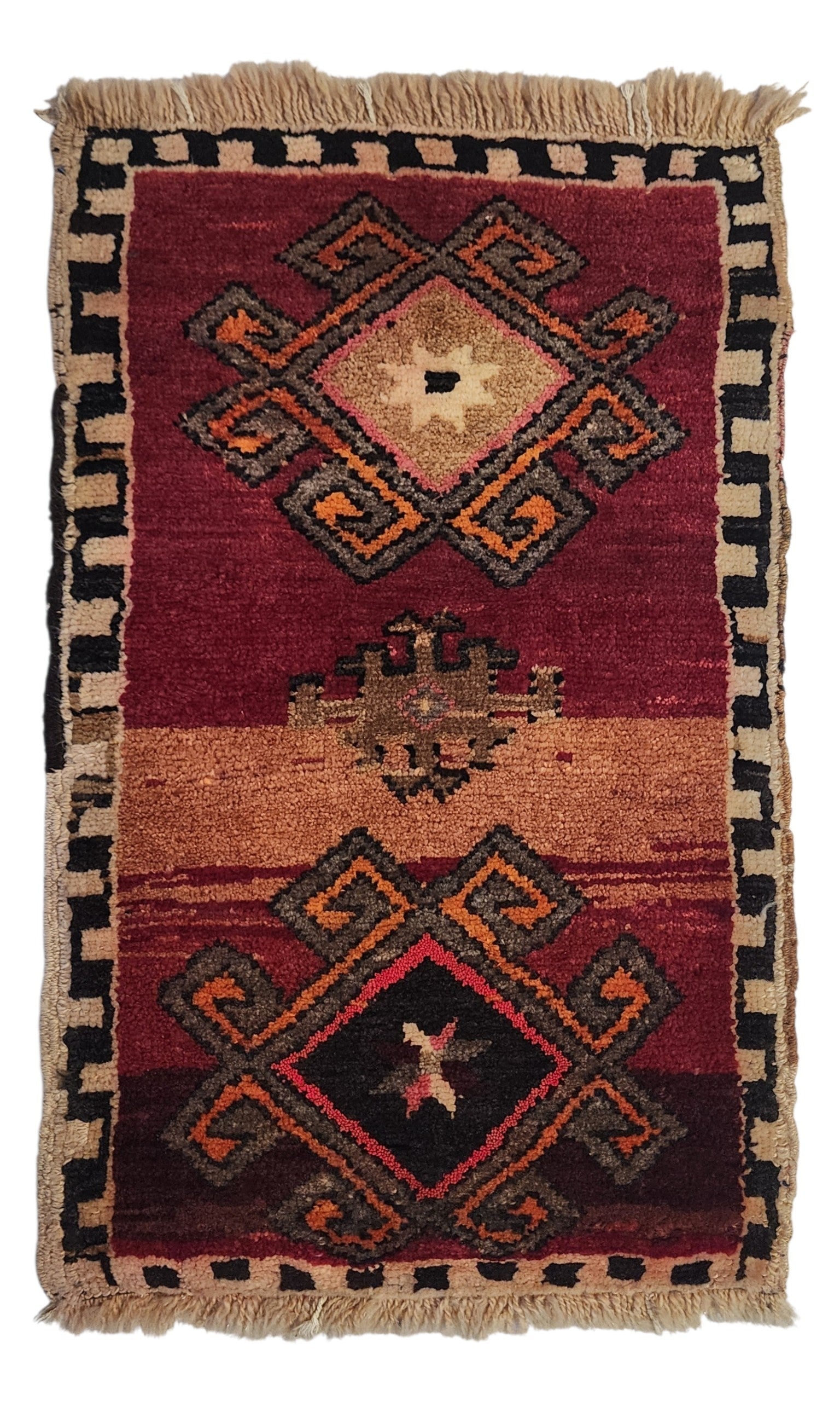 Vintage Kars Yastik Rug, Small Handmade Anatolian Wool Accent Mat, Red Brown Geometric