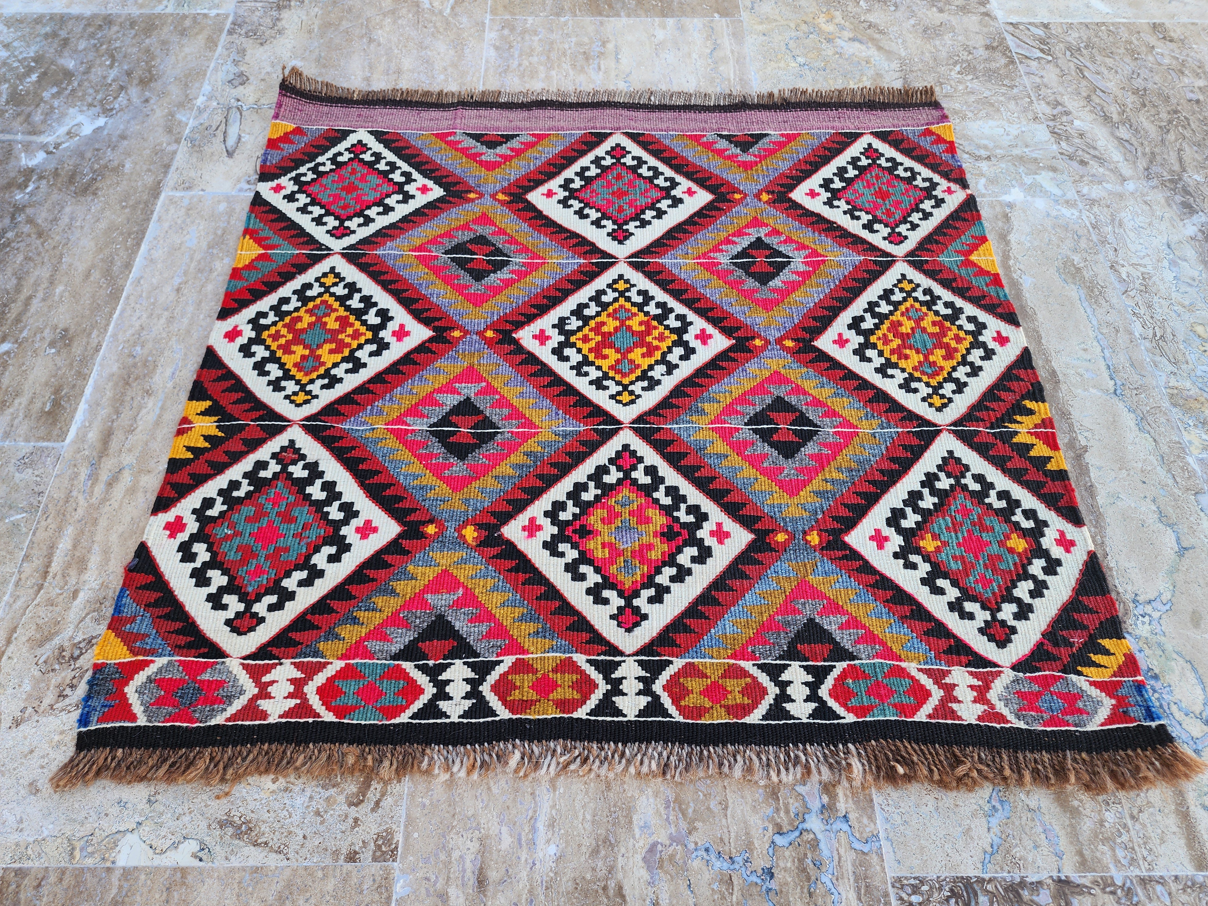 Turkish Kilim Rug 2 x 2 ft Pink Orange Blue Kilim Rug, Vintage Southwestern Aztec Handmade Wool Kilim, Antique Persian Rustic Farmhouse Rug (Copy)