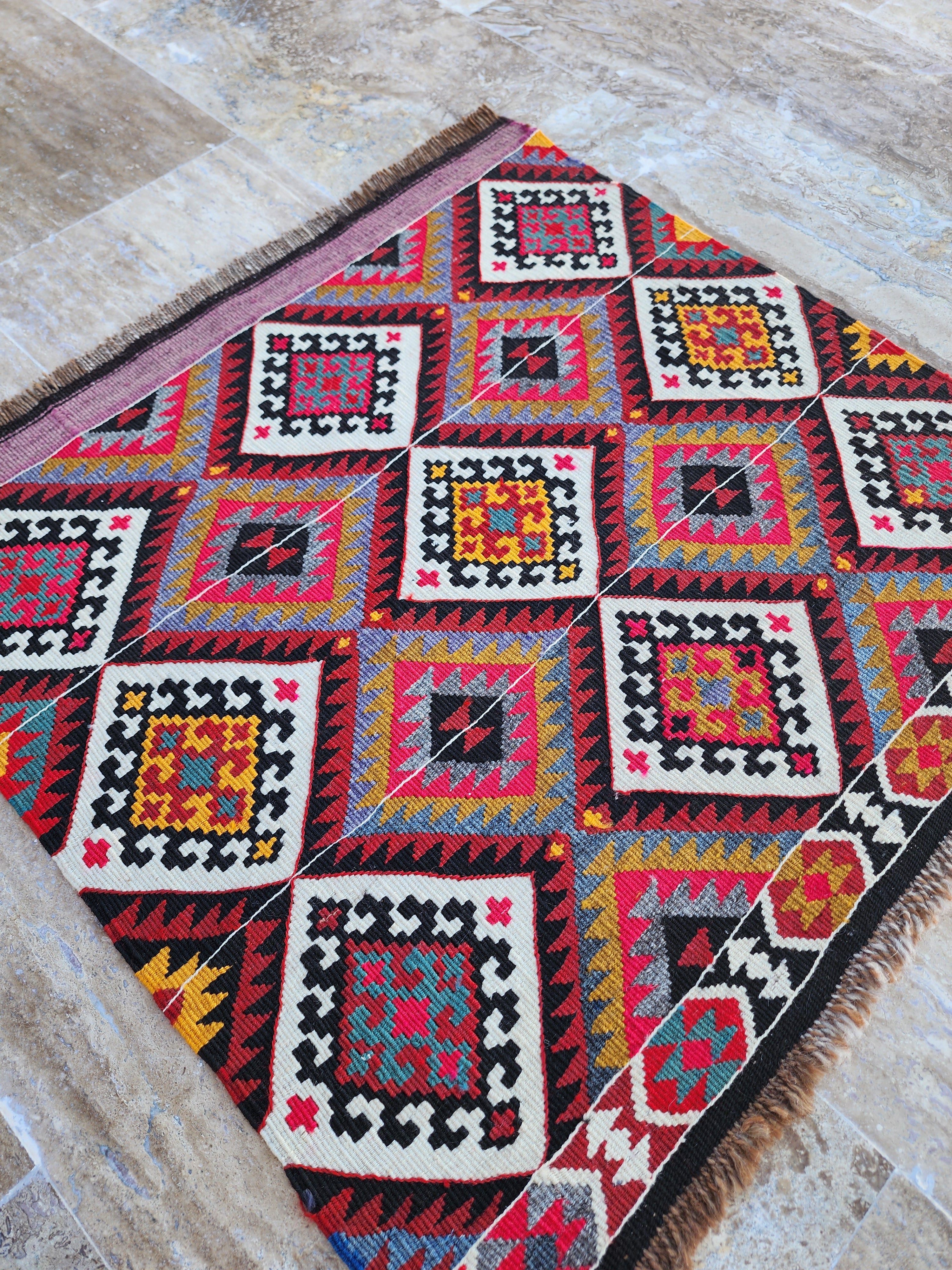 Turkish Kilim Rug 2 x 2 ft Pink Orange Blue Kilim Rug, Vintage Southwestern Aztec Handmade Wool Kilim, Antique Persian Rustic Farmhouse Rug (Copy)