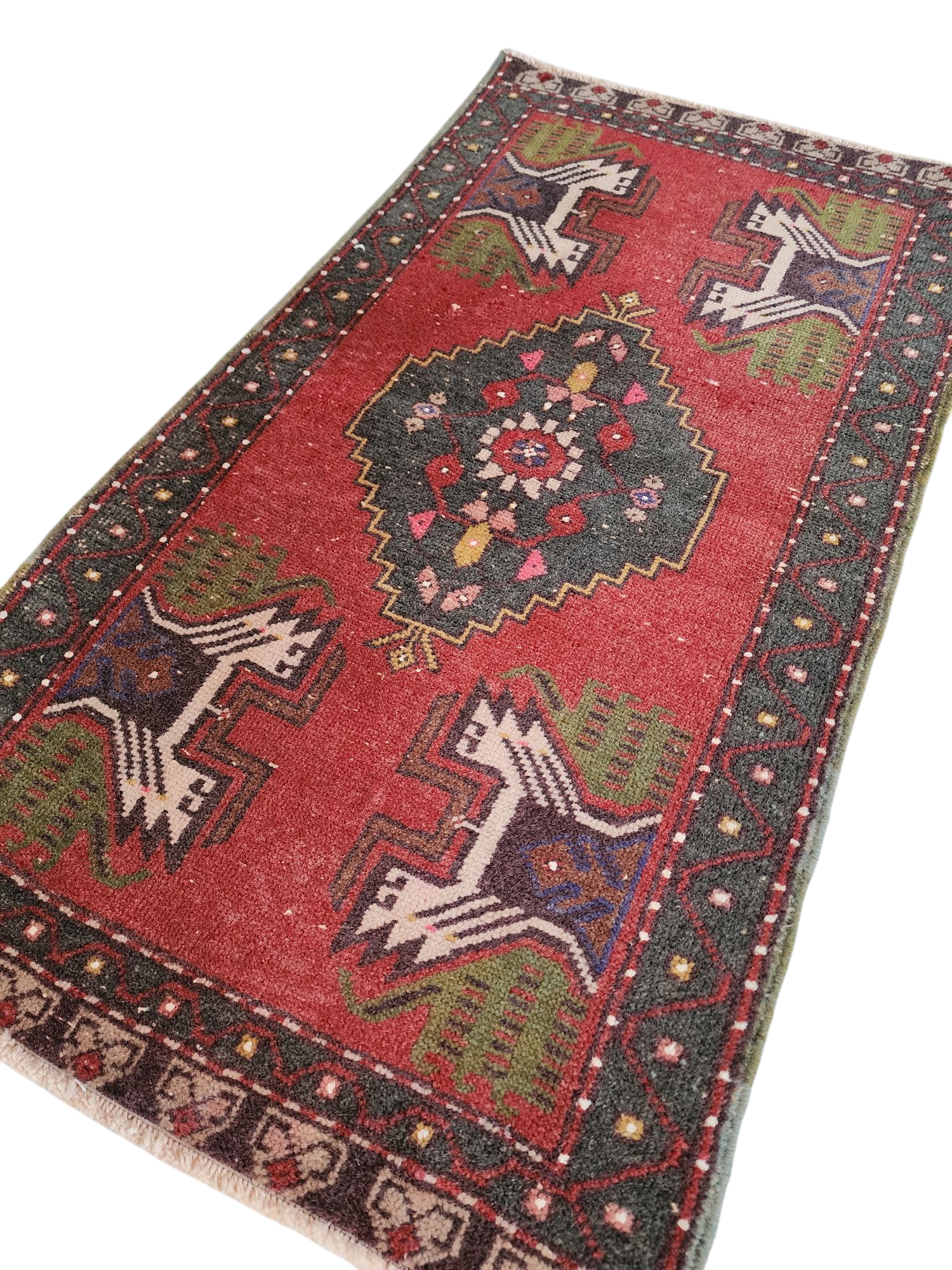 Tapis turc vintage de petite taille, 3 pi 3 po x 1 pi 8 po, rose, vert/gris et beige, style antique délavé