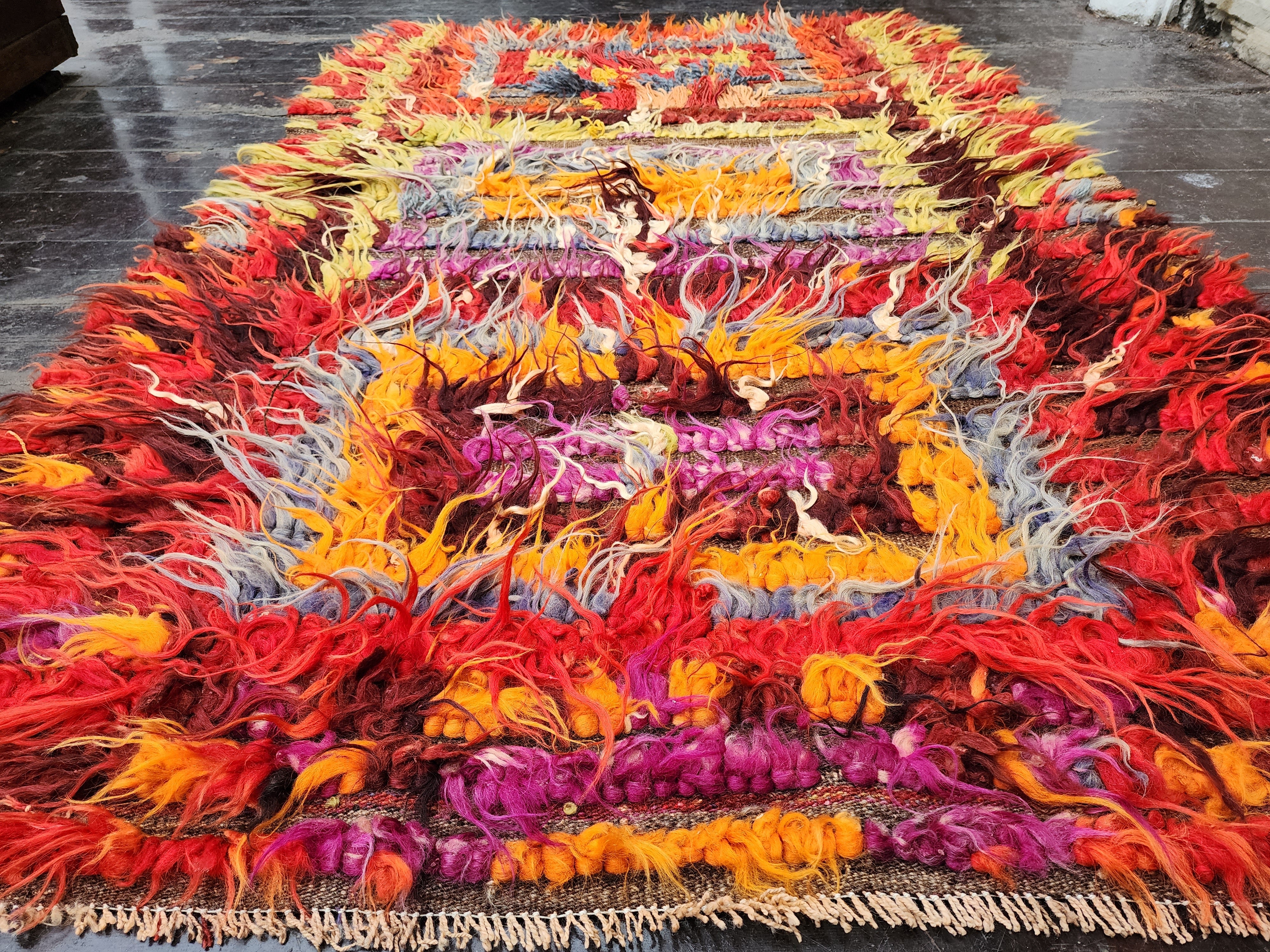 Turkish Filikli Tulu Rug, 5 ft 2 in x 3 ft 5 in, Red, Orange, Purple and Yellow Shaggy Pile Kilim Handmade from Natural Wool