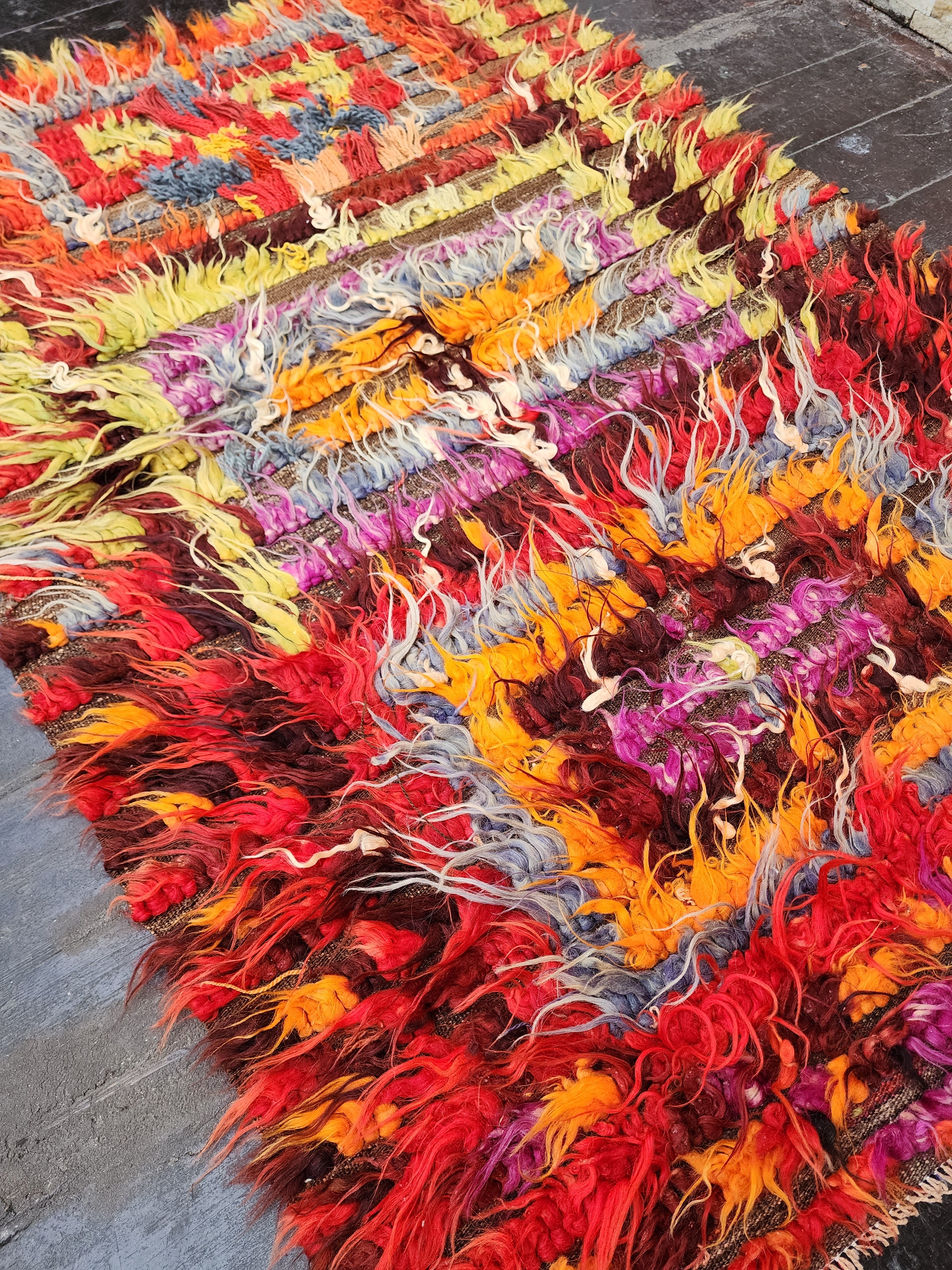 Turkish Filikli Tulu Rug, 5 ft 2 in x 3 ft 5 in, Red, Orange, Purple and Yellow Shaggy Pile Kilim Handmade from Natural Wool
