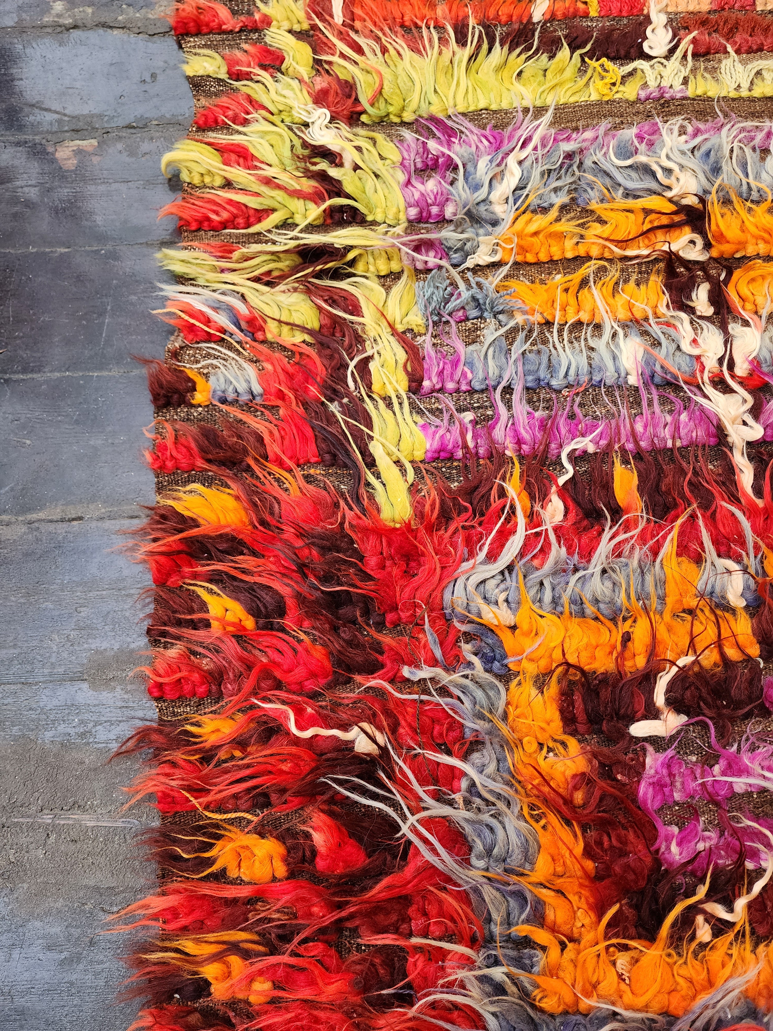 Turkish Filikli Tulu Rug, 5 ft 2 in x 3 ft 5 in, Red, Orange, Purple and Yellow Shaggy Pile Kilim Handmade from Natural Wool