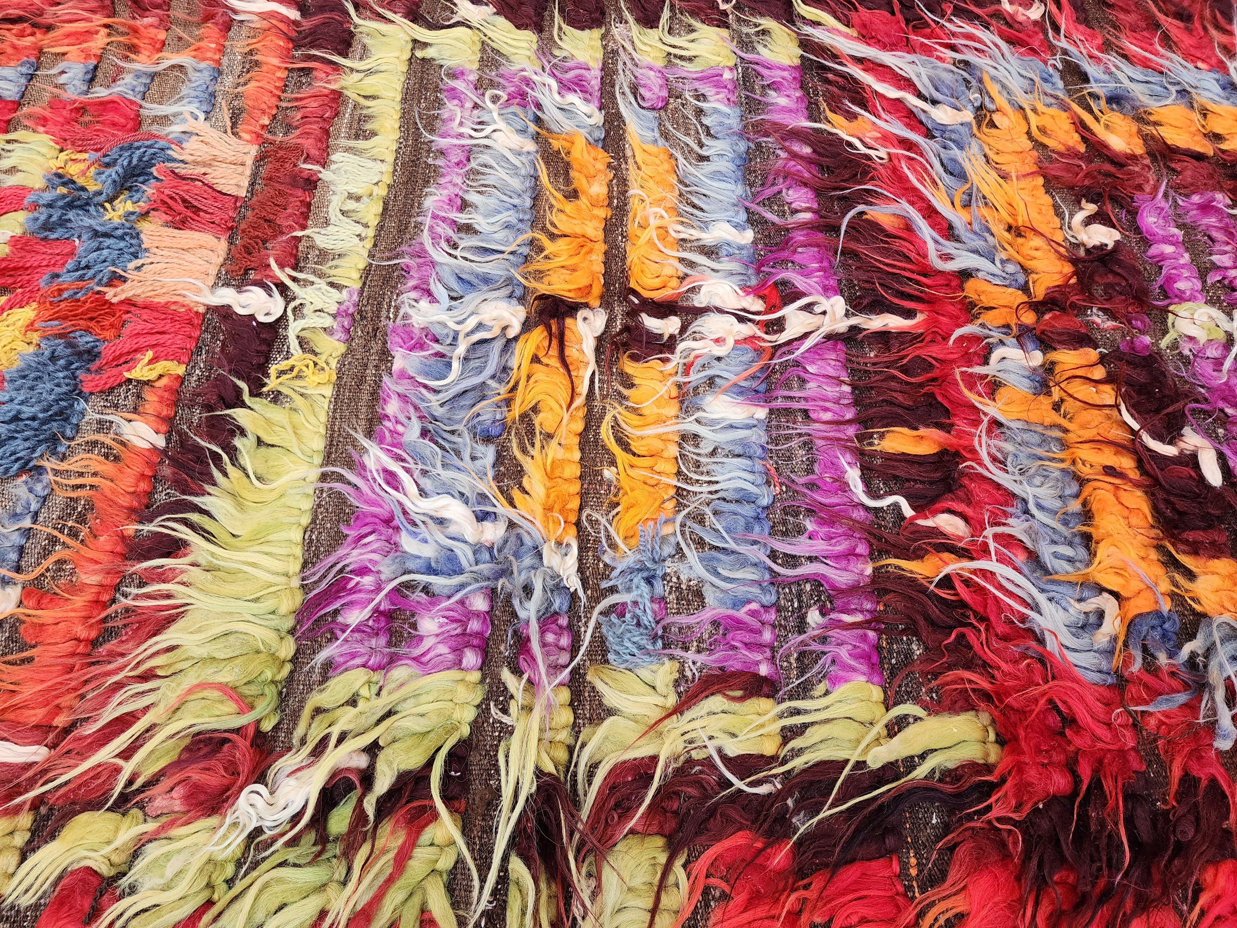 Turkish Filikli Tulu Rug, 5 ft 2 in x 3 ft 5 in, Red, Orange, Purple and Yellow Shaggy Pile Kilim Handmade from Natural Wool