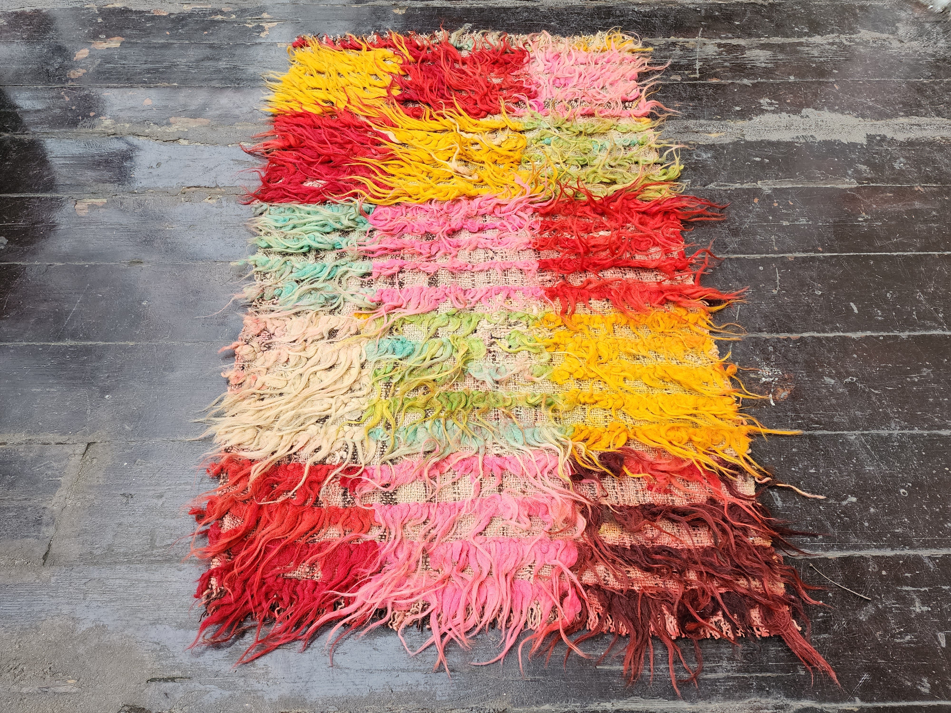 Turkish Filikli Tulu Rug, 3 ft 4 in x 2 ft, Red, Red, Yellow and Pink Shaggy Pile Kilim Handmade from Natural Wool