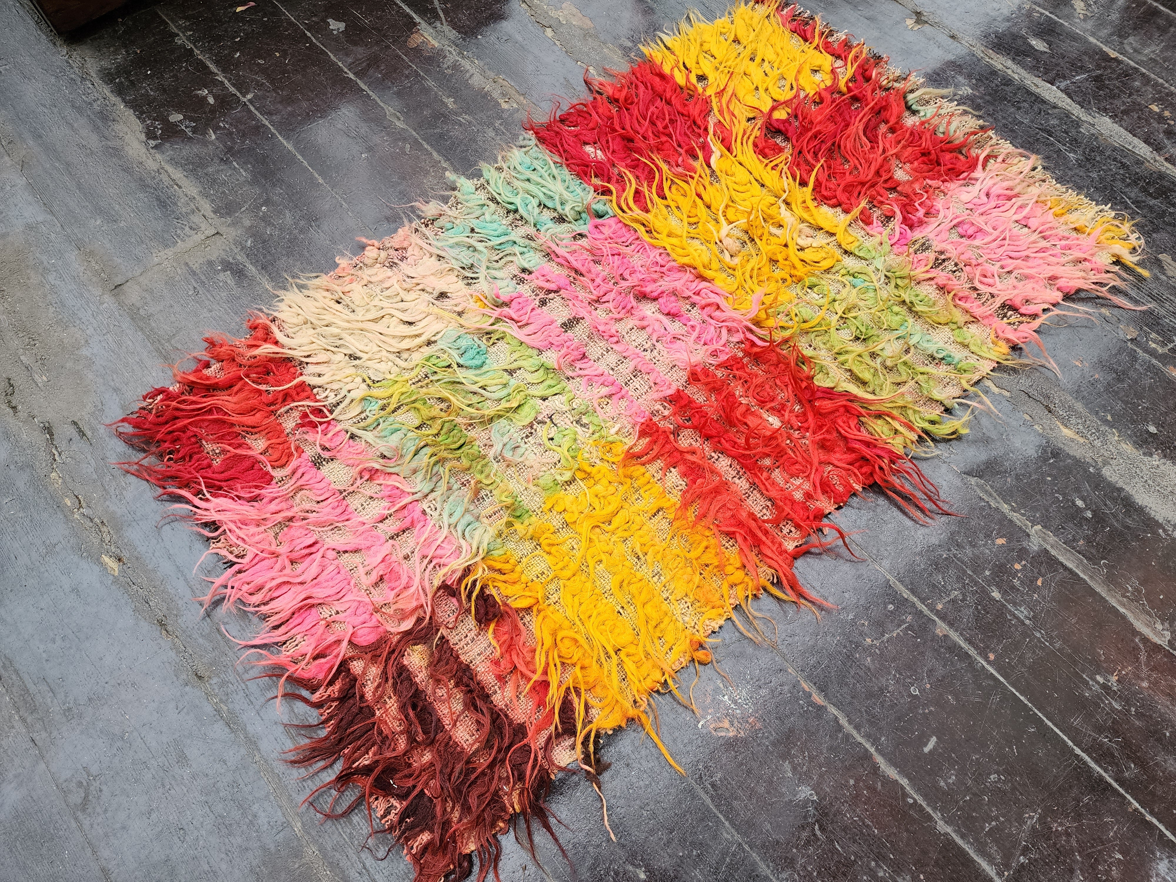 Turkish Filikli Tulu Rug, 3 ft 4 in x 2 ft, Red, Red, Yellow and Pink Shaggy Pile Kilim Handmade from Natural Wool